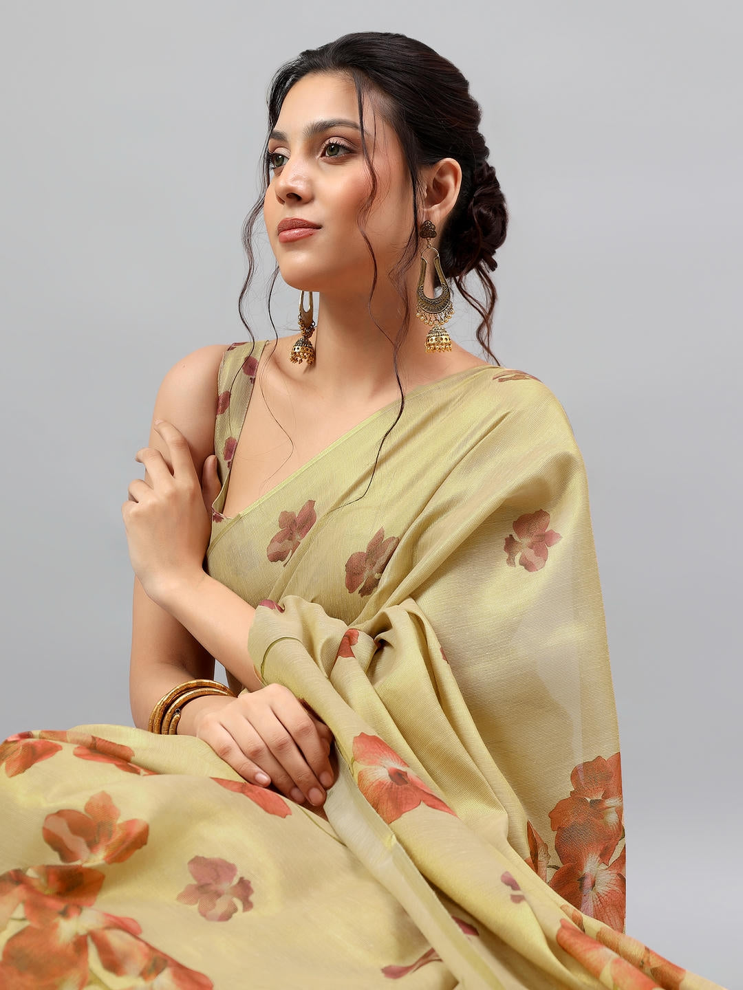 Samantha Beige Floral Printed Ready To Wear One Minute Polyester Erode Zari Saree With Pre Stitched Pleats And Unstitched Blouse Piece For Women Party Wear