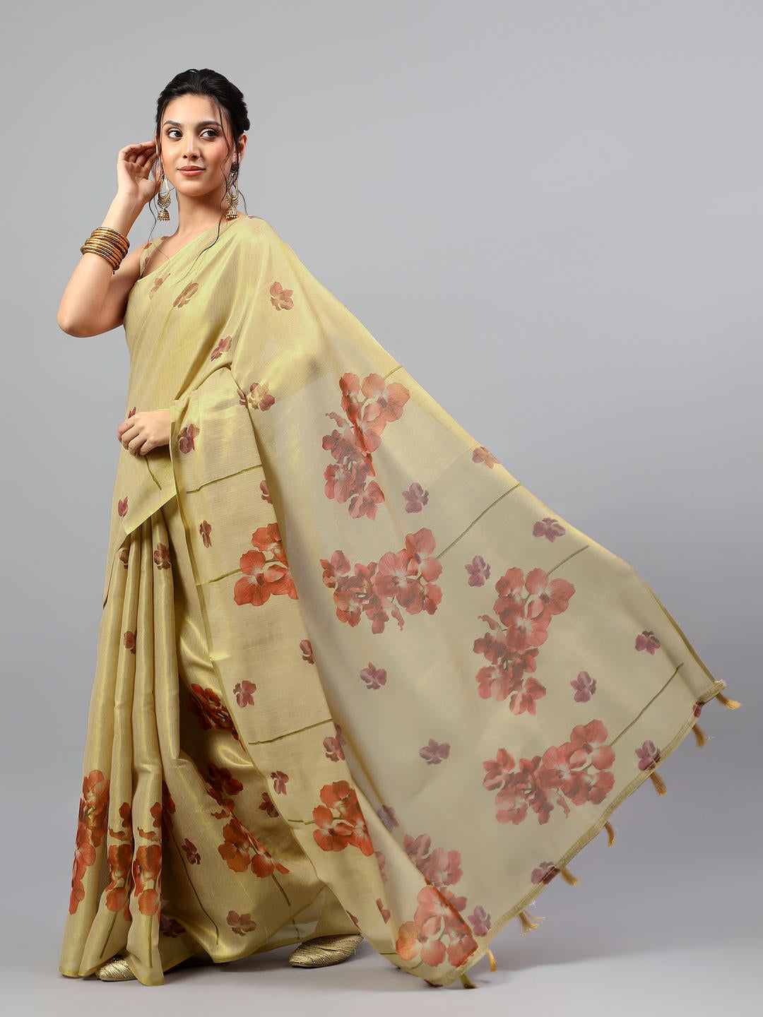 Samantha Beige Floral Printed Ready To Wear One Minute Polyester Erode Zari Saree With Pre Stitched Pleats And Unstitched Blouse Piece For Women Party Wear