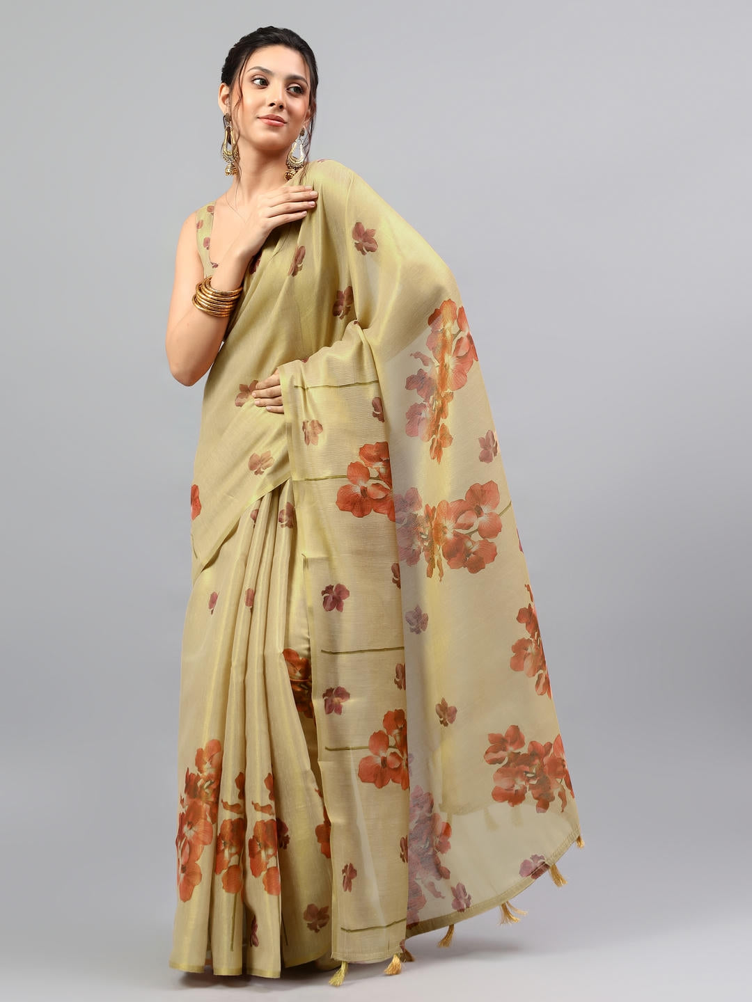 Samantha Beige Floral Printed Ready To Wear One Minute Polyester Erode Zari Saree With Pre Stitched Pleats And Unstitched Blouse Piece For Women Party Wear