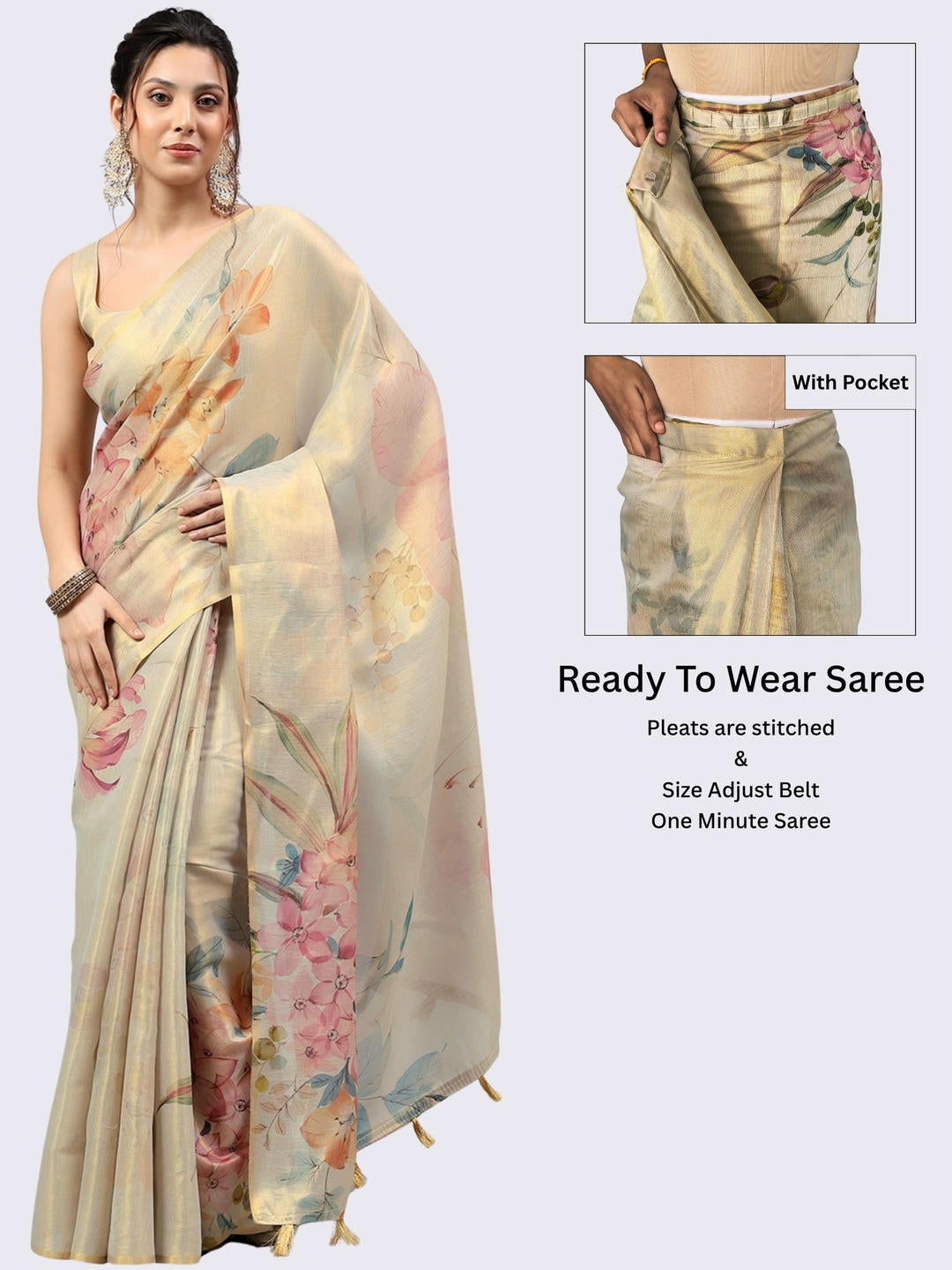 Beautiful woman styled in a shimmering metallic beige floral printed ready-to-wear one-minute polyester erode zari saree featuring pre-stitched pleats and a matching printed blouse by Samantha.