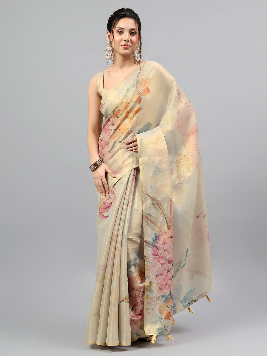 Samantha Beige Floral Printed Ready To Wear One Minute Polyester Erode Zari Saree With Pre Stitched Pleats And Unstitched Blouse Piece For Women Party Wear