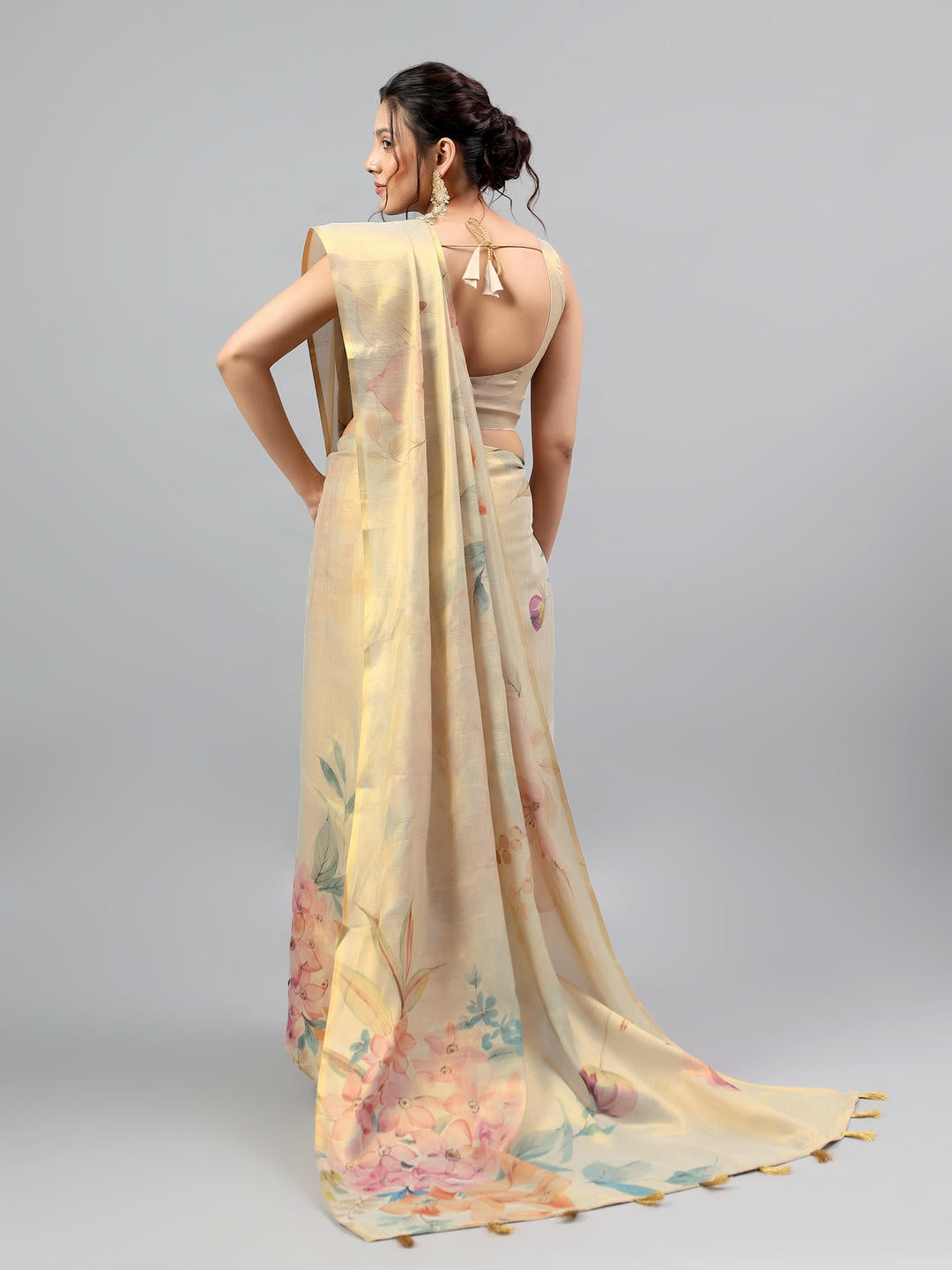 Samantha Beige Floral Printed Ready To Wear One Minute Polyester Erode Zari Saree With Pre Stitched Pleats And Unstitched Blouse Piece For Women Party Wear