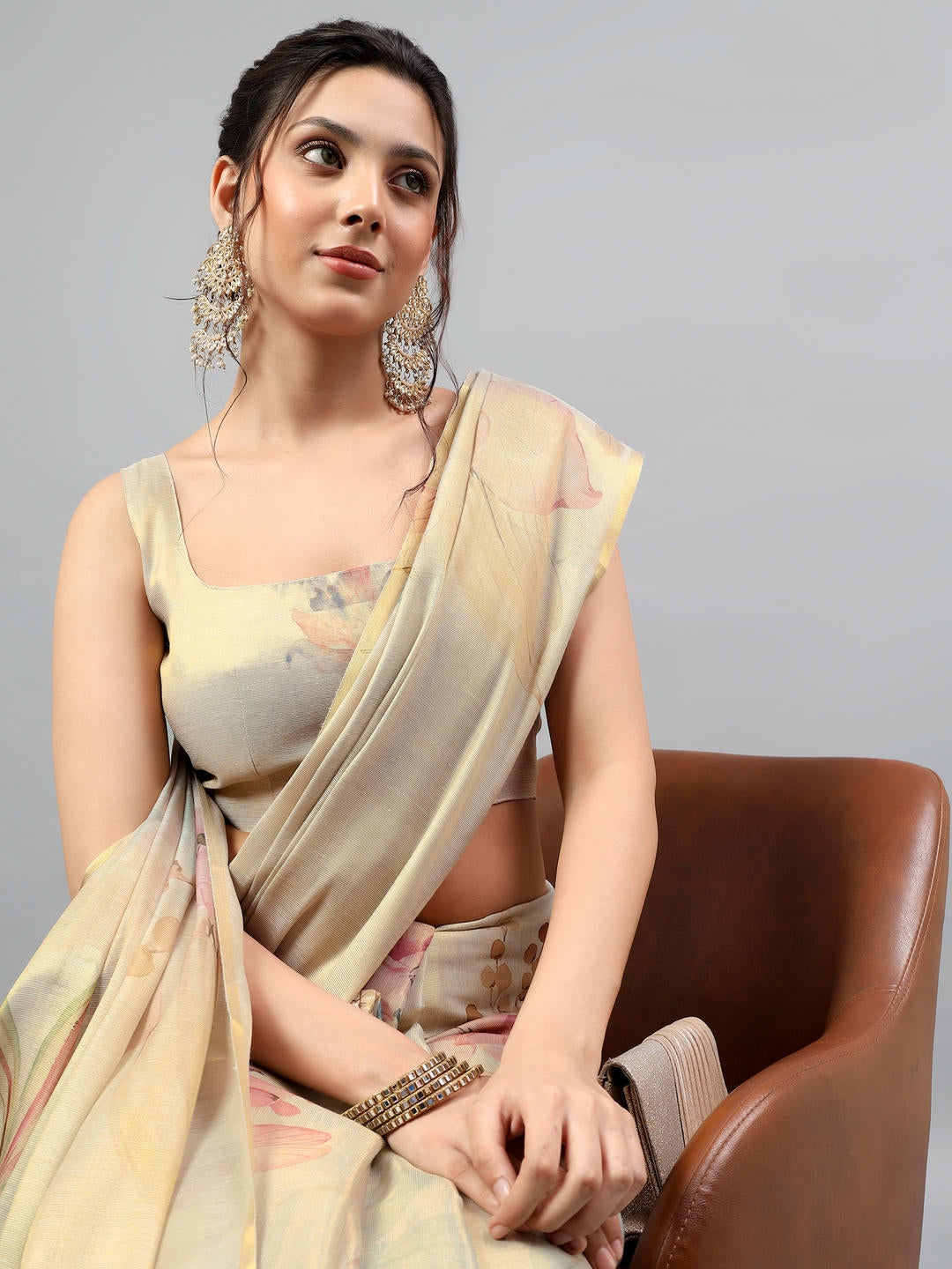 Samantha Beige Floral Printed Ready To Wear One Minute Polyester Erode Zari Saree With Pre Stitched Pleats And Unstitched Blouse Piece For Women Party Wear