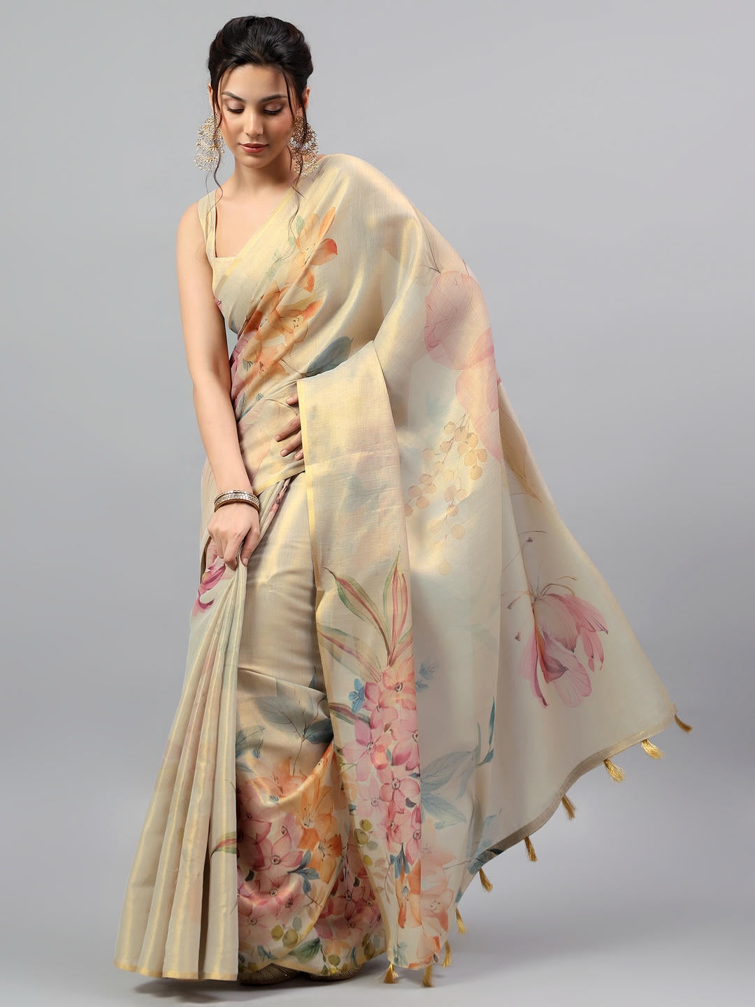 Samantha Beige Floral Printed Ready To Wear One Minute Polyester Erode Zari Saree With Pre Stitched Pleats And Unstitched Blouse Piece For Women Party Wear
