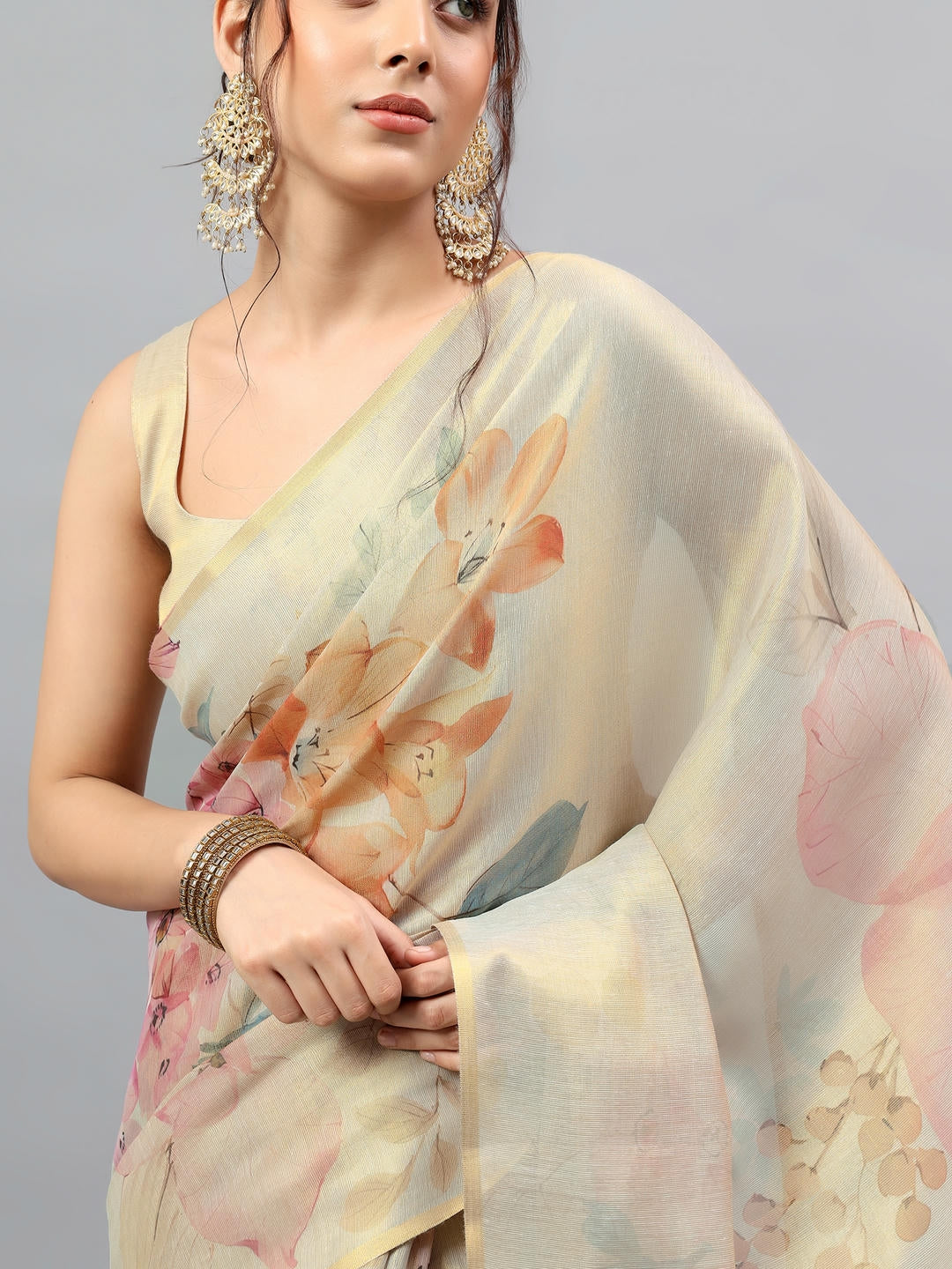 Samantha Beige Floral Printed Ready To Wear One Minute Polyester Erode Zari Saree With Pre Stitched Pleats And Unstitched Blouse Piece For Women Party Wear