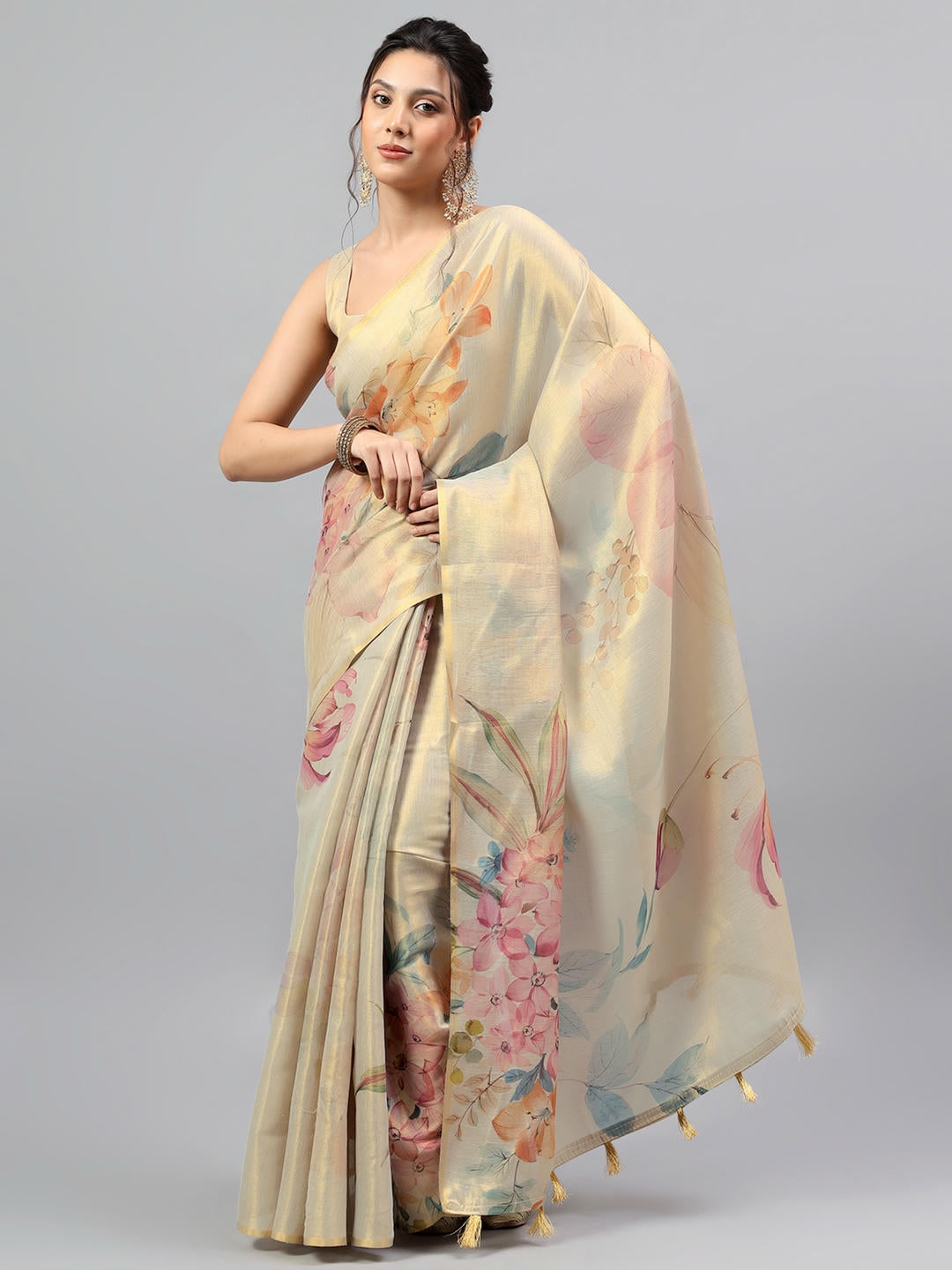 Samantha Beige Floral Printed Ready To Wear One Minute Polyester Erode Zari Saree With Pre Stitched Pleats And Unstitched Blouse Piece For Women Party Wear