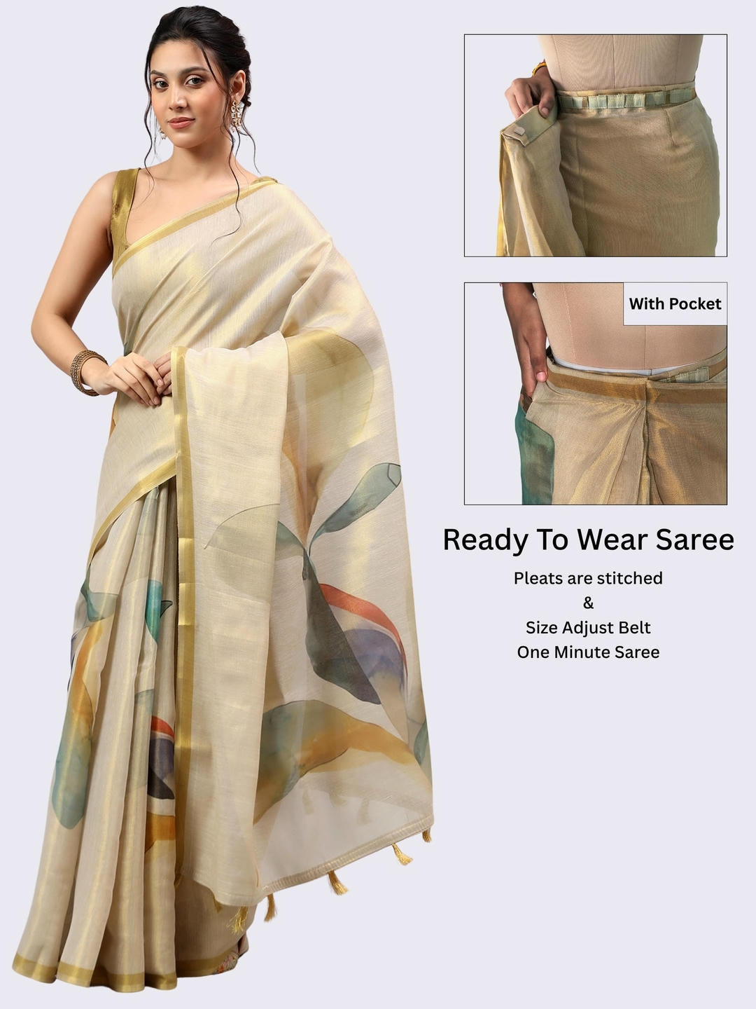 Beautiful woman styled in a shimmering metallic beige ready-to-wear one-minute polyester erode zari saree featuring pre-stitched pleats and a matching metallic blouse by Samantha.