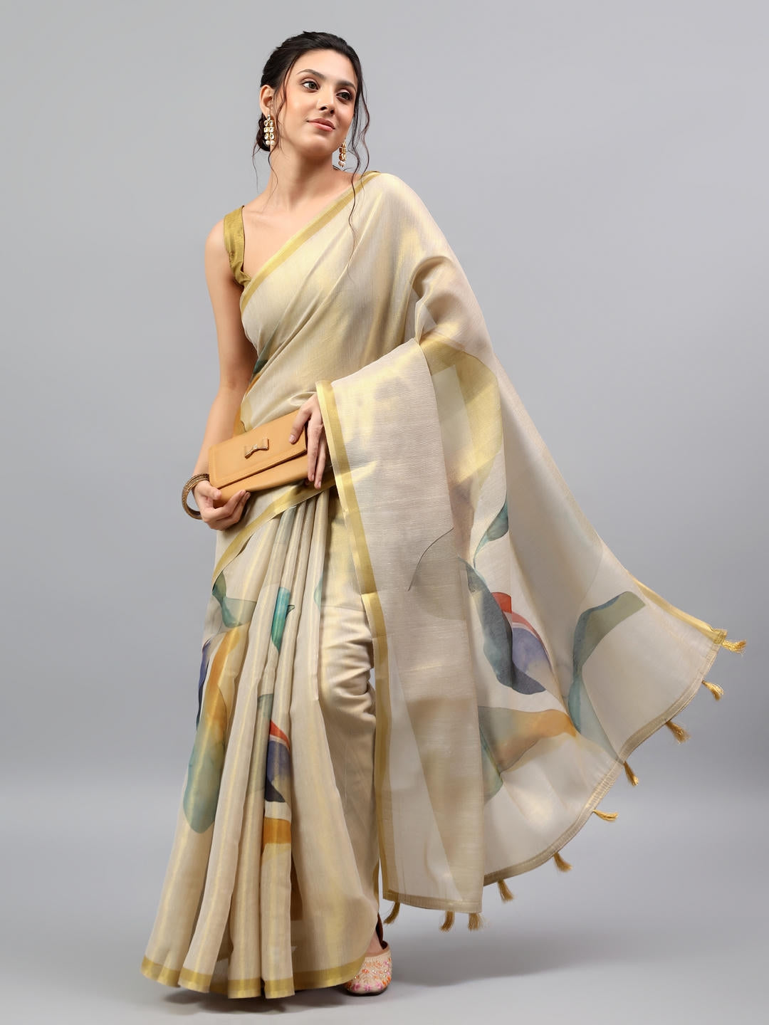 Samantha Beige Ready To Wear One Minute Polyester Erode Zari Saree With Pre Stitched Pleats And Unstitched Blouse Piece For Women Party Wear