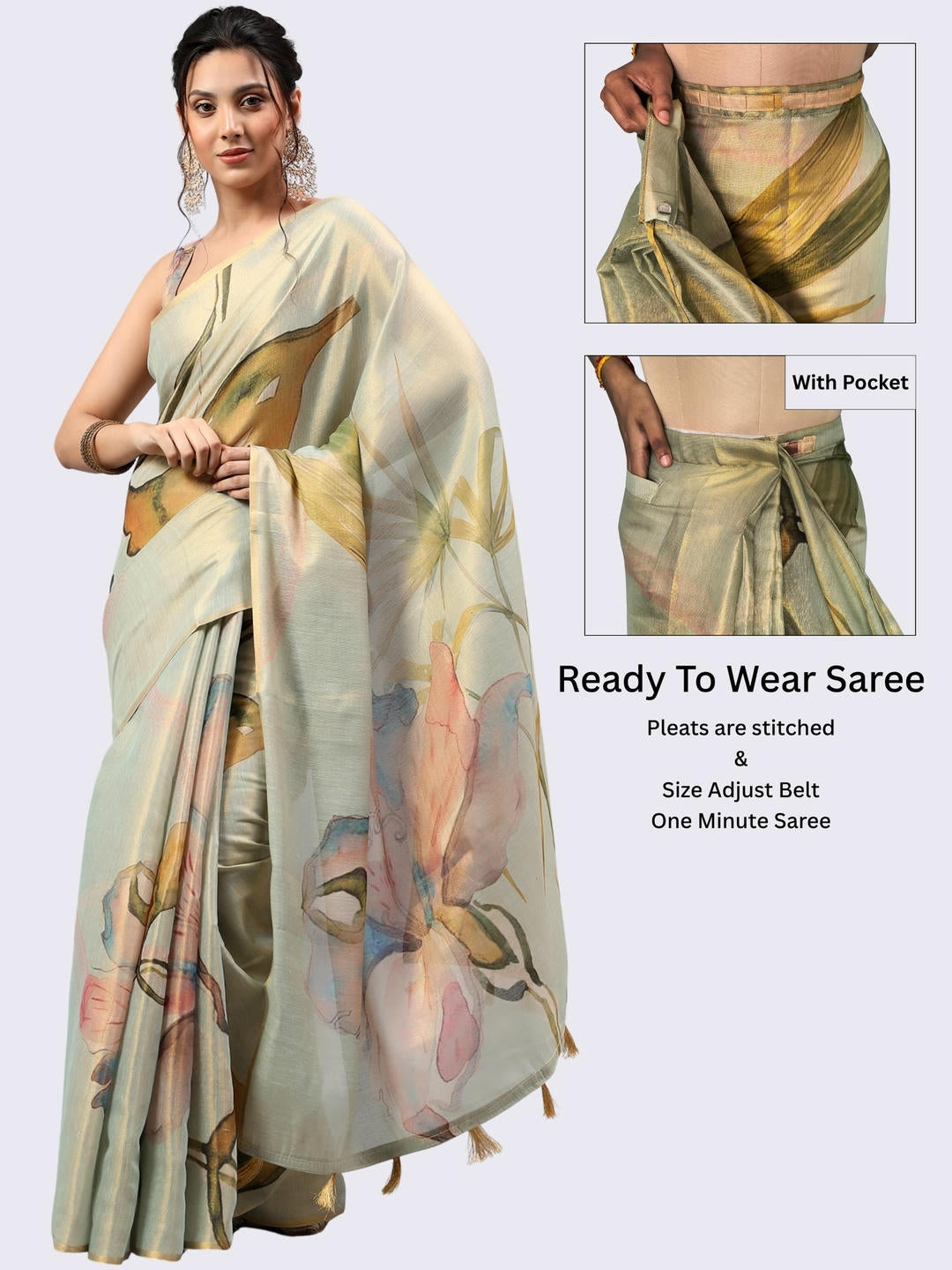 Beautiful woman styled in a shimmering metallic green and beige dual-tone ready-to-wear one-minute polyester erode zari saree featuring pre-stitched pleats and a matching metallic blouse by Samantha.