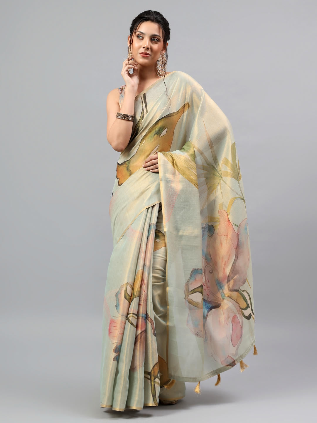 Samantha Green And Beige Dual Tone Ready To Wear One Minute Polyester Erode Zari Saree With Pre Stitched Pleats And Unstitched Blouse Piece For Women Party Wear