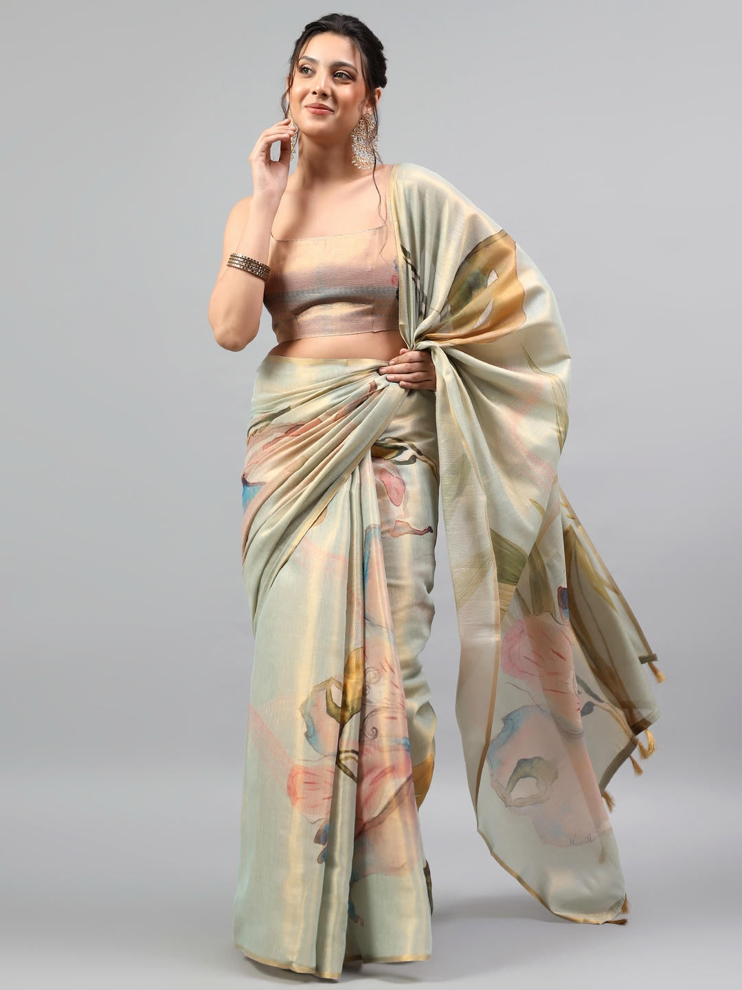 Samantha Green And Beige Dual Tone Ready To Wear One Minute Polyester Erode Zari Saree With Pre Stitched Pleats And Unstitched Blouse Piece For Women Party Wear