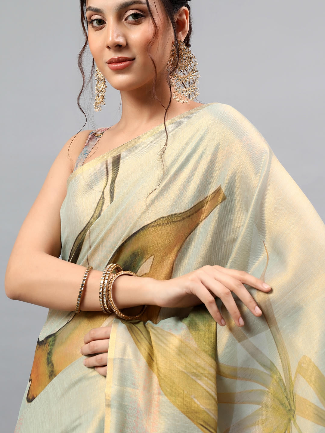 Samantha Green And Beige Dual Tone Ready To Wear One Minute Polyester Erode Zari Saree With Pre Stitched Pleats And Unstitched Blouse Piece For Women Party Wear