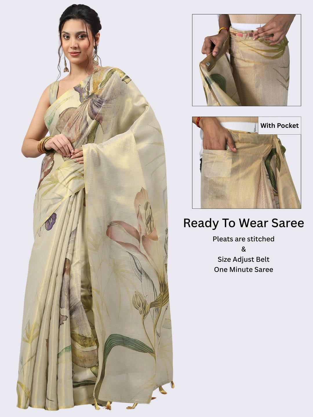 Beautiful woman styled in a shimmering metallic beige green floral printed ready-to-wear one-minute polyester erode zari saree featuring pre-stitched pleats and a matching printed blouse by Samantha.
