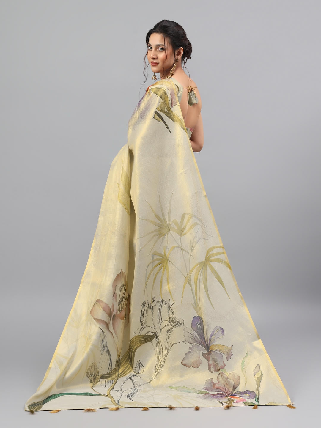 Samantha Beige Green Floral Printed Ready To Wear One Minute Polyester Erode Zari Saree With Pre Stitched Pleats And Unstitched Blouse Piece For Women Party Wear