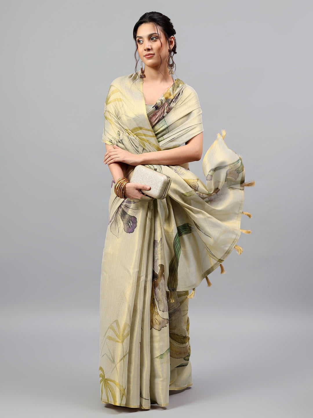 Samantha Beige Green Floral Printed Ready To Wear One Minute Polyester Erode Zari Saree With Pre Stitched Pleats And Unstitched Blouse Piece For Women Party Wear