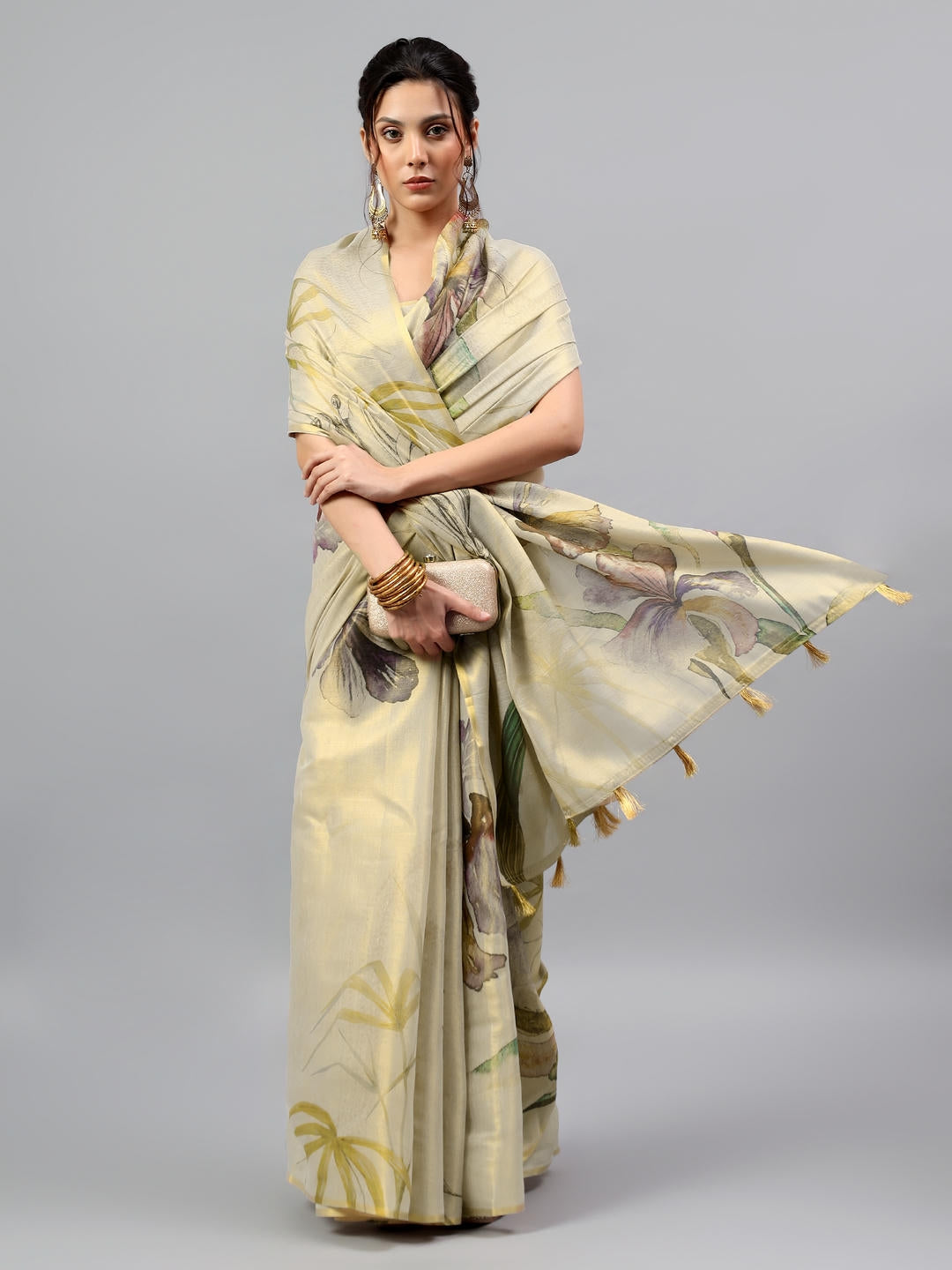 Samantha Beige Green Floral Printed Ready To Wear One Minute Polyester Erode Zari Saree With Pre Stitched Pleats And Unstitched Blouse Piece For Women Party Wear