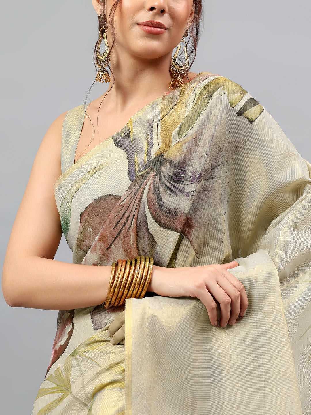 Samantha Beige Green Floral Printed Ready To Wear One Minute Polyester Erode Zari Saree With Pre Stitched Pleats And Unstitched Blouse Piece For Women Party Wear