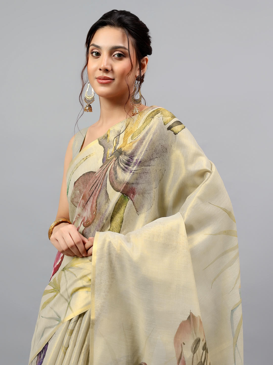 Samantha Beige Green Floral Printed Ready To Wear One Minute Polyester Erode Zari Saree With Pre Stitched Pleats And Unstitched Blouse Piece For Women Party Wear