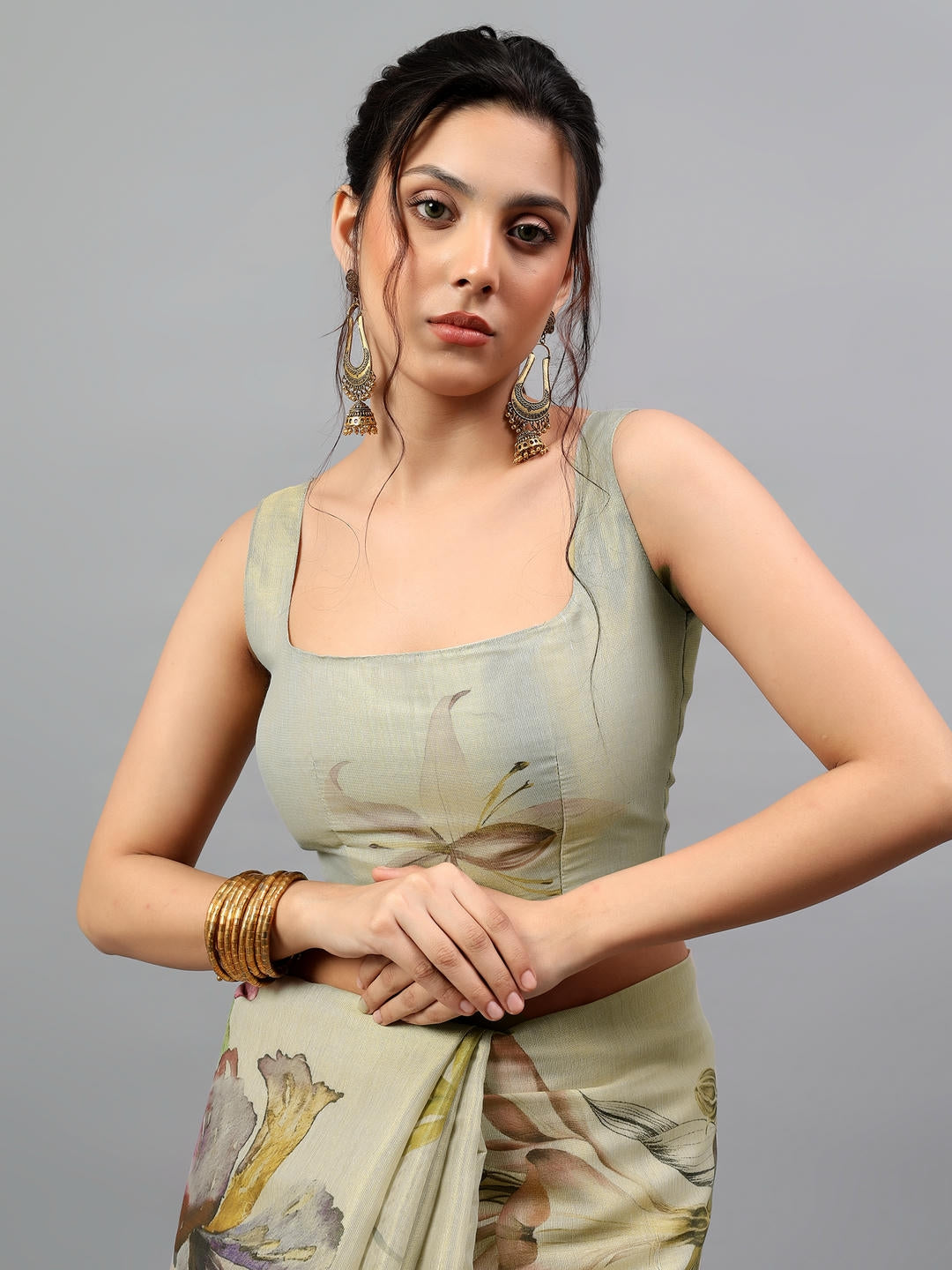Samantha Beige Green Floral Printed Ready To Wear One Minute Polyester Erode Zari Saree With Pre Stitched Pleats And Unstitched Blouse Piece For Women Party Wear