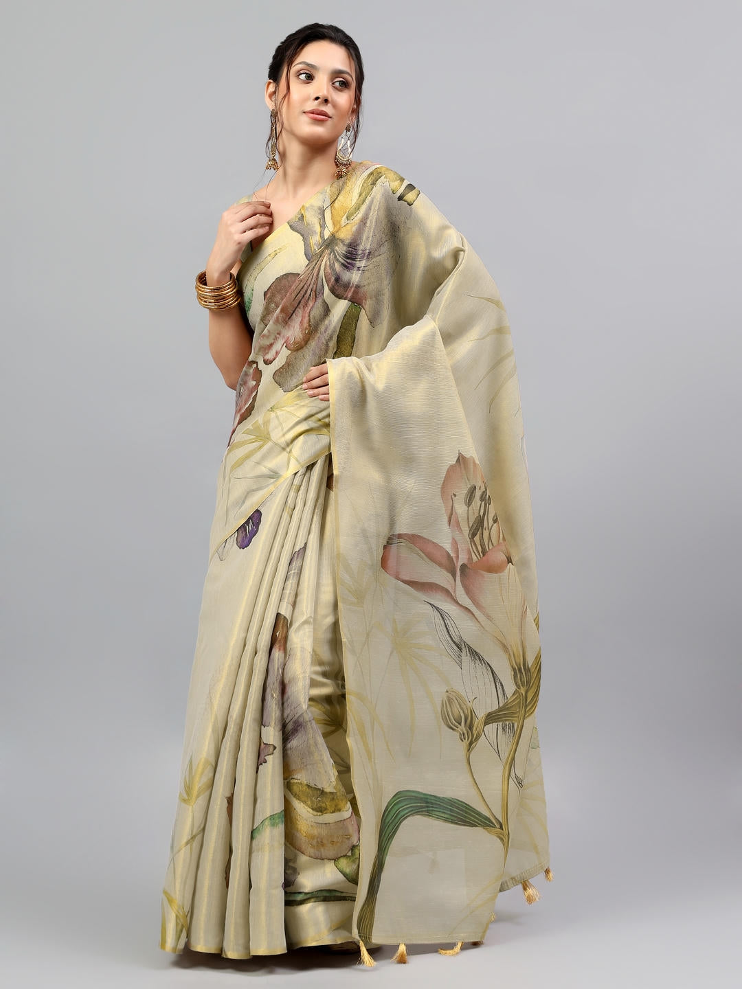 Samantha Beige Green Floral Printed Ready To Wear One Minute Polyester Erode Zari Saree With Pre Stitched Pleats And Unstitched Blouse Piece For Women Party Wear