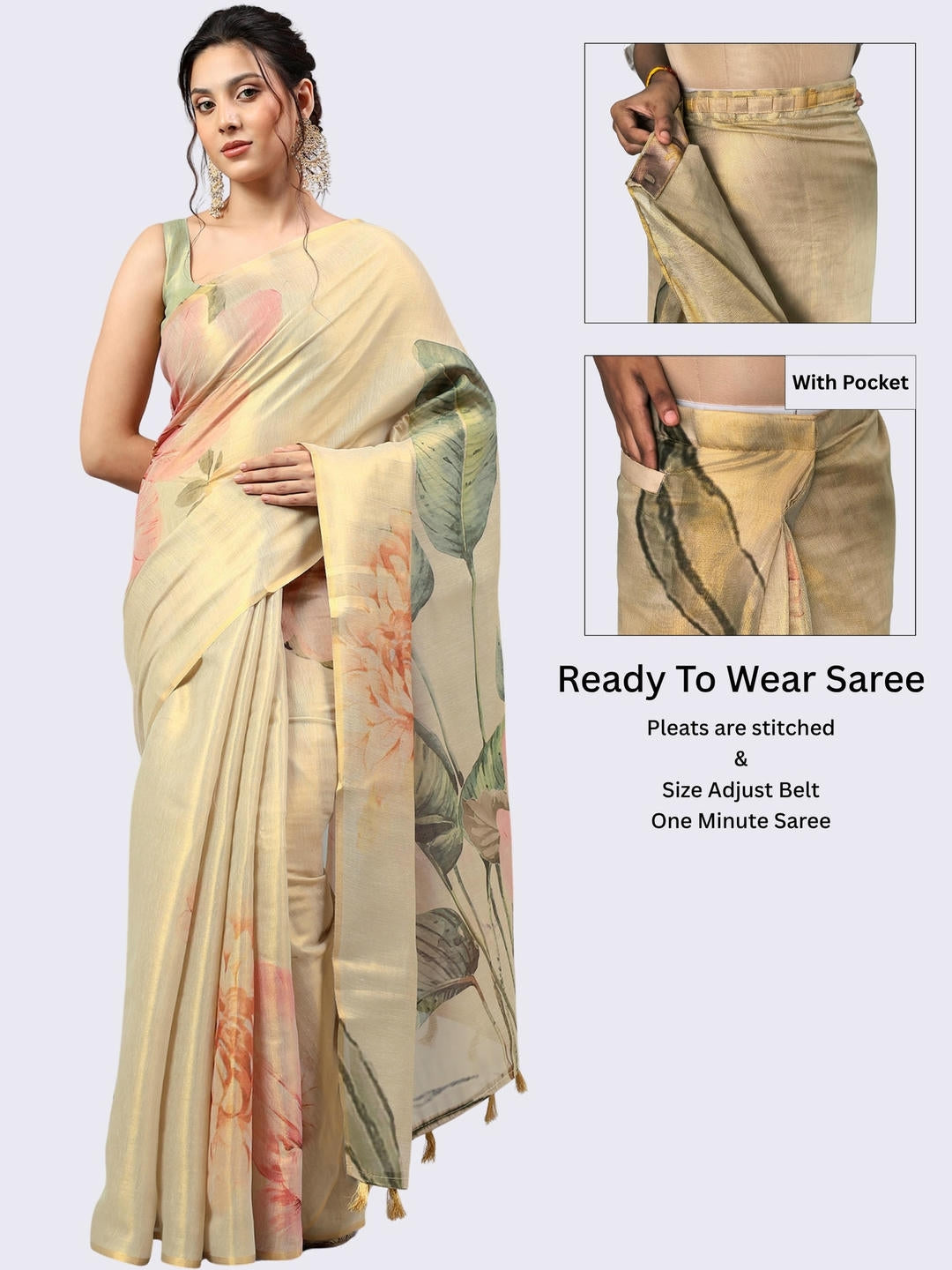 Beautiful woman styled in a shimmering metallic beige floral printed ready-to-wear one-minute polyester erode zari saree featuring pre-stitched pleats and a matching light green solid blouse by Samantha.