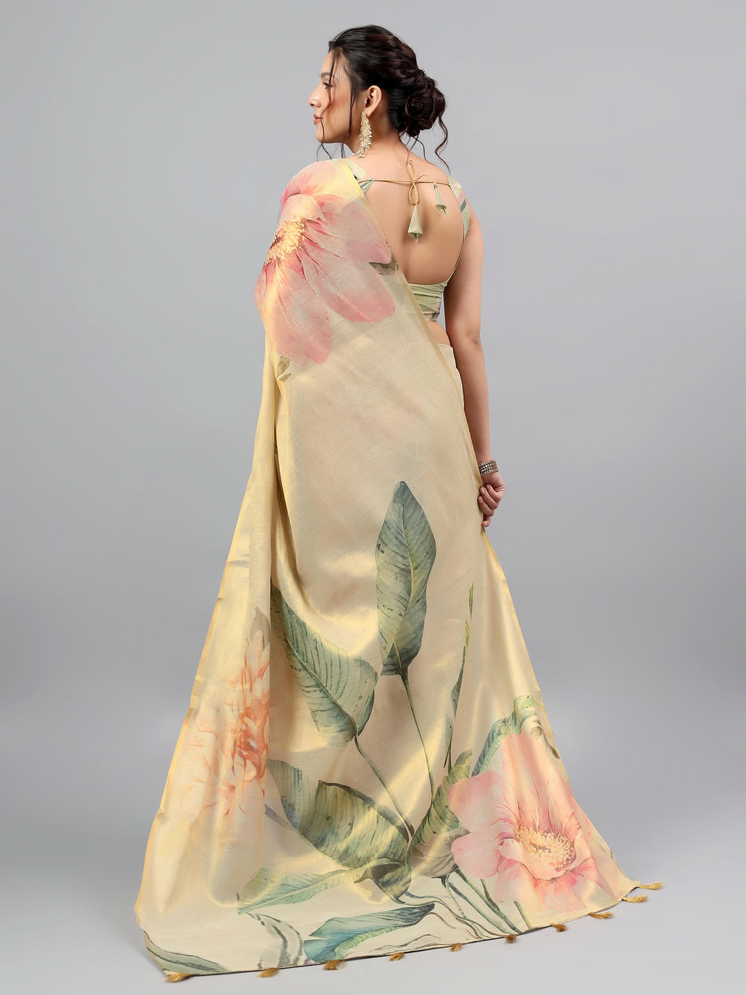 Samantha Beige Floral Printed Ready To Wear One Minute Polyester Erode Zari Saree With Pre Stitched Pleats And Unstitched Blouse Piece For Women Party Wear
