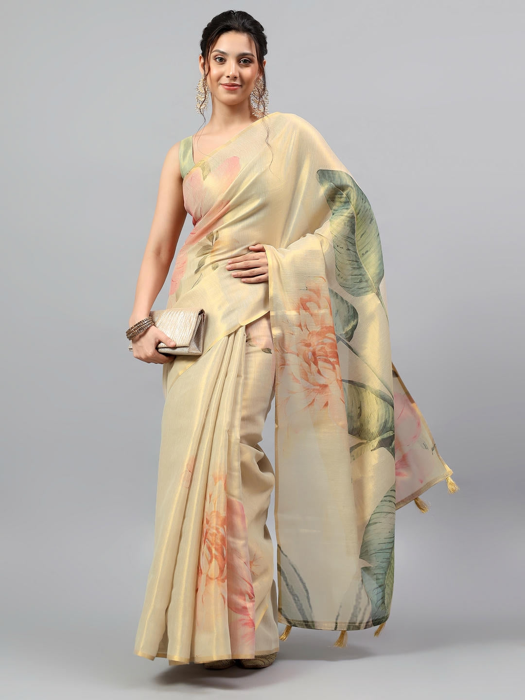 Samantha Beige Floral Printed Ready To Wear One Minute Polyester Erode Zari Saree With Pre Stitched Pleats And Unstitched Blouse Piece For Women Party Wear