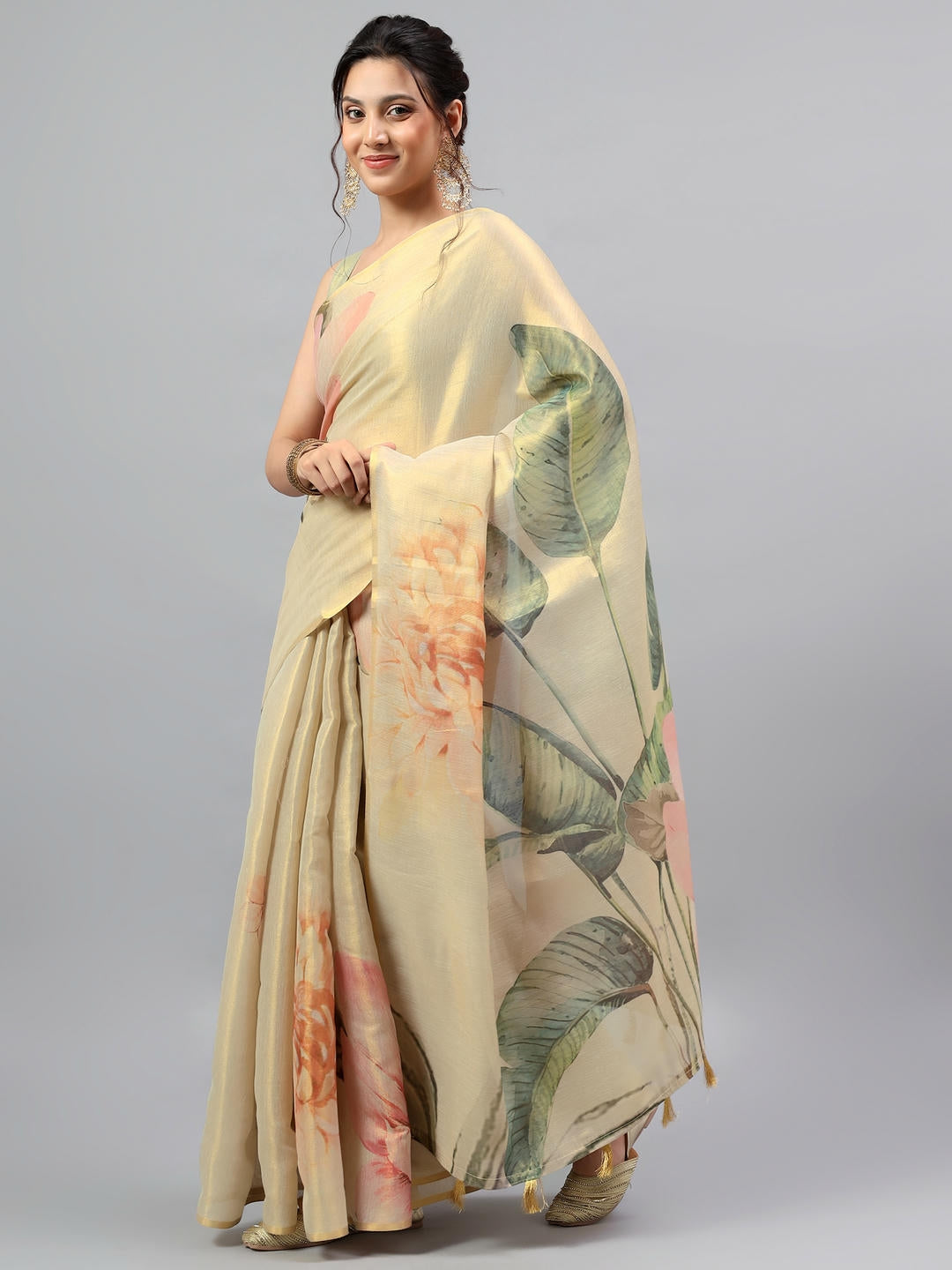 Samantha Beige Floral Printed Ready To Wear One Minute Polyester Erode Zari Saree With Pre Stitched Pleats And Unstitched Blouse Piece For Women Party Wear