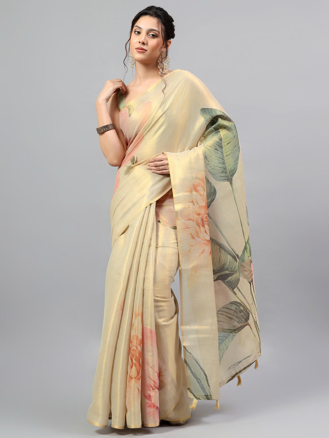 Samantha Beige Floral Printed Ready To Wear One Minute Polyester Erode Zari Saree With Pre Stitched Pleats And Unstitched Blouse Piece For Women Party Wear