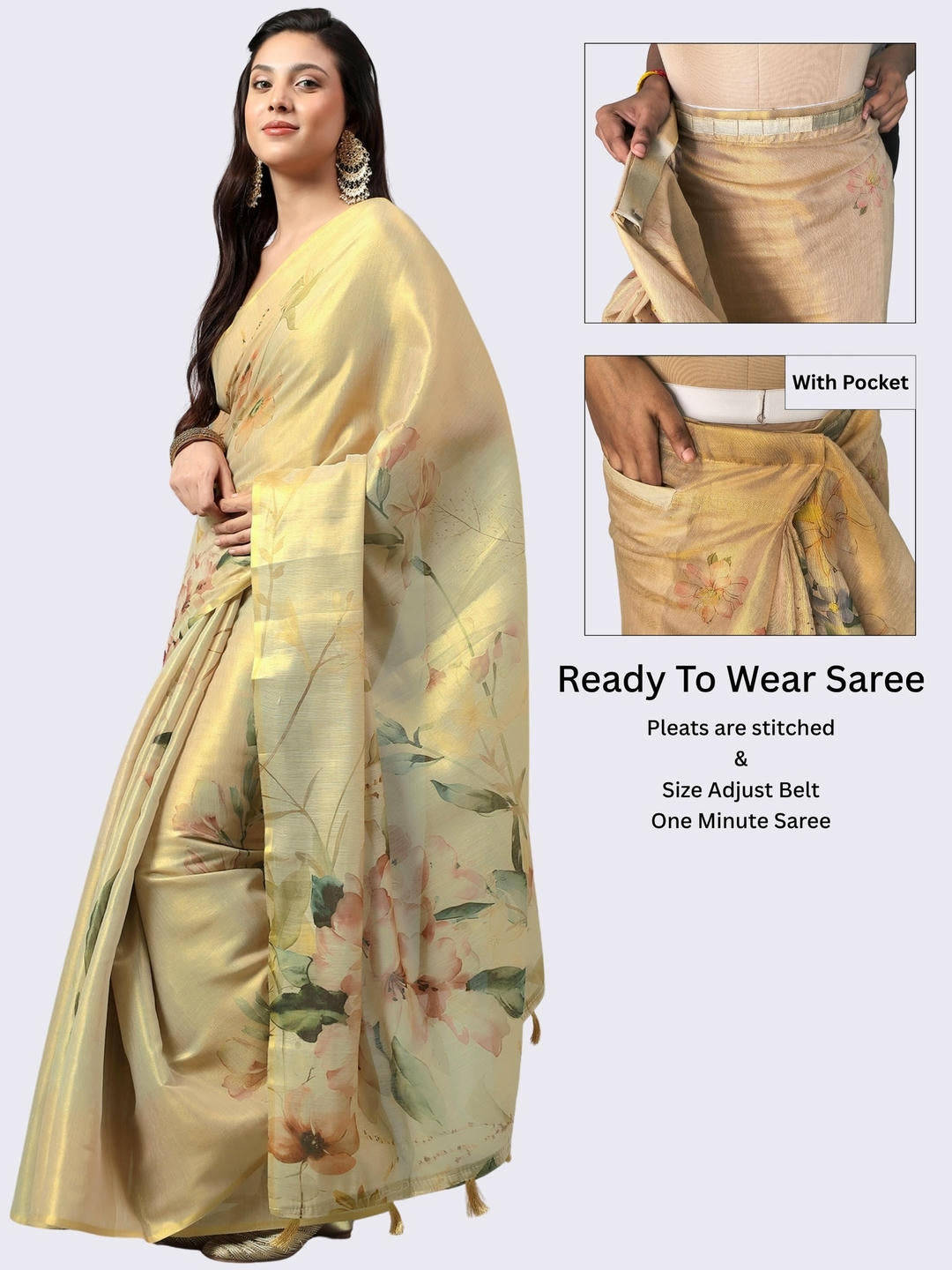 Beautiful woman styled in a shimmering metallic beige green floral printed ready-to-wear one-minute polyester erode zari saree featuring pre-stitched pleats and a matching solid blouse by Samantha.