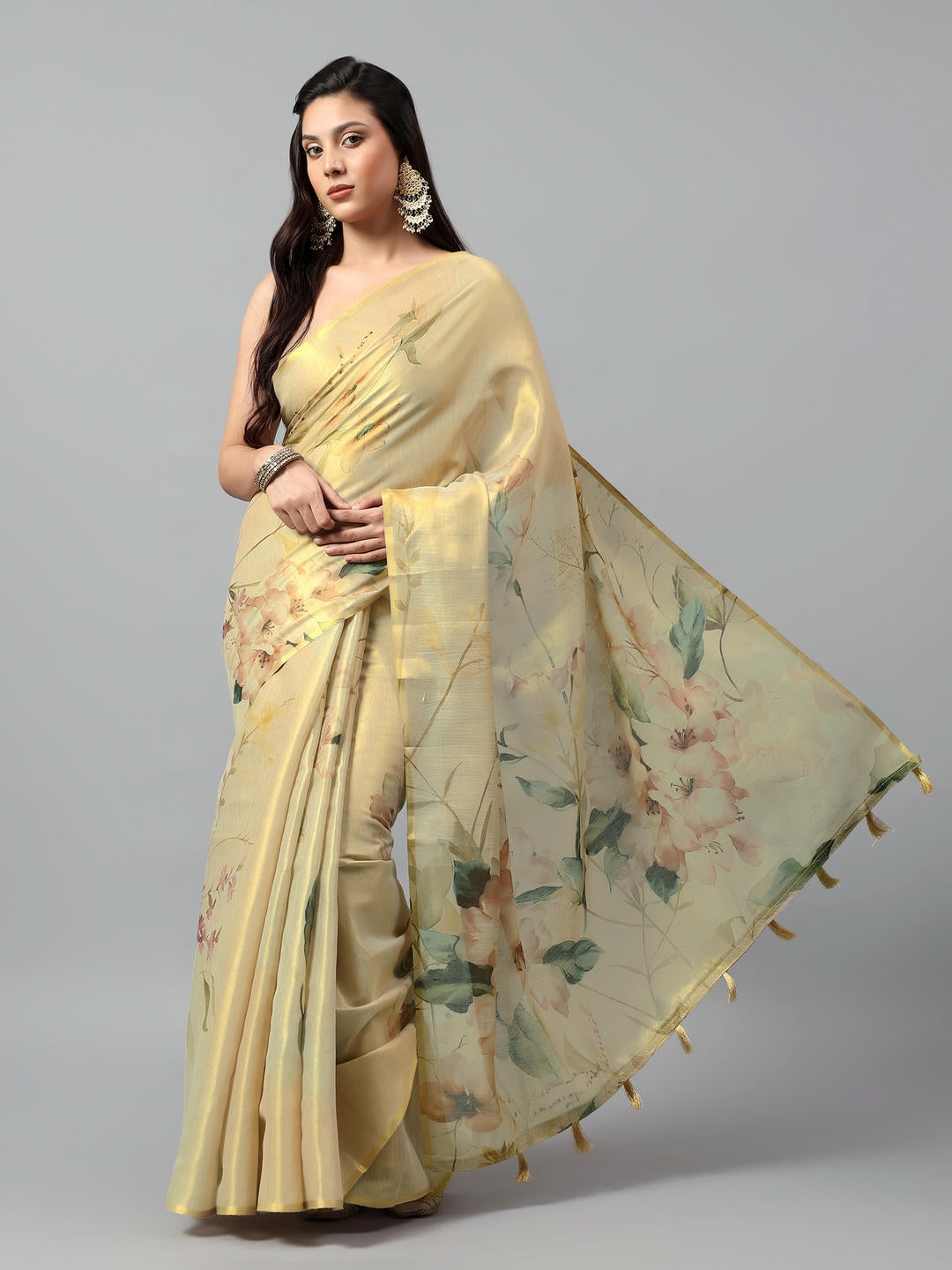 Samantha Beige Green Floral Printed Ready To Wear One Minute Polyester Erode Zari Saree With Pre Stitched Pleats And Unstitched Blouse Piece For Women Party Wear