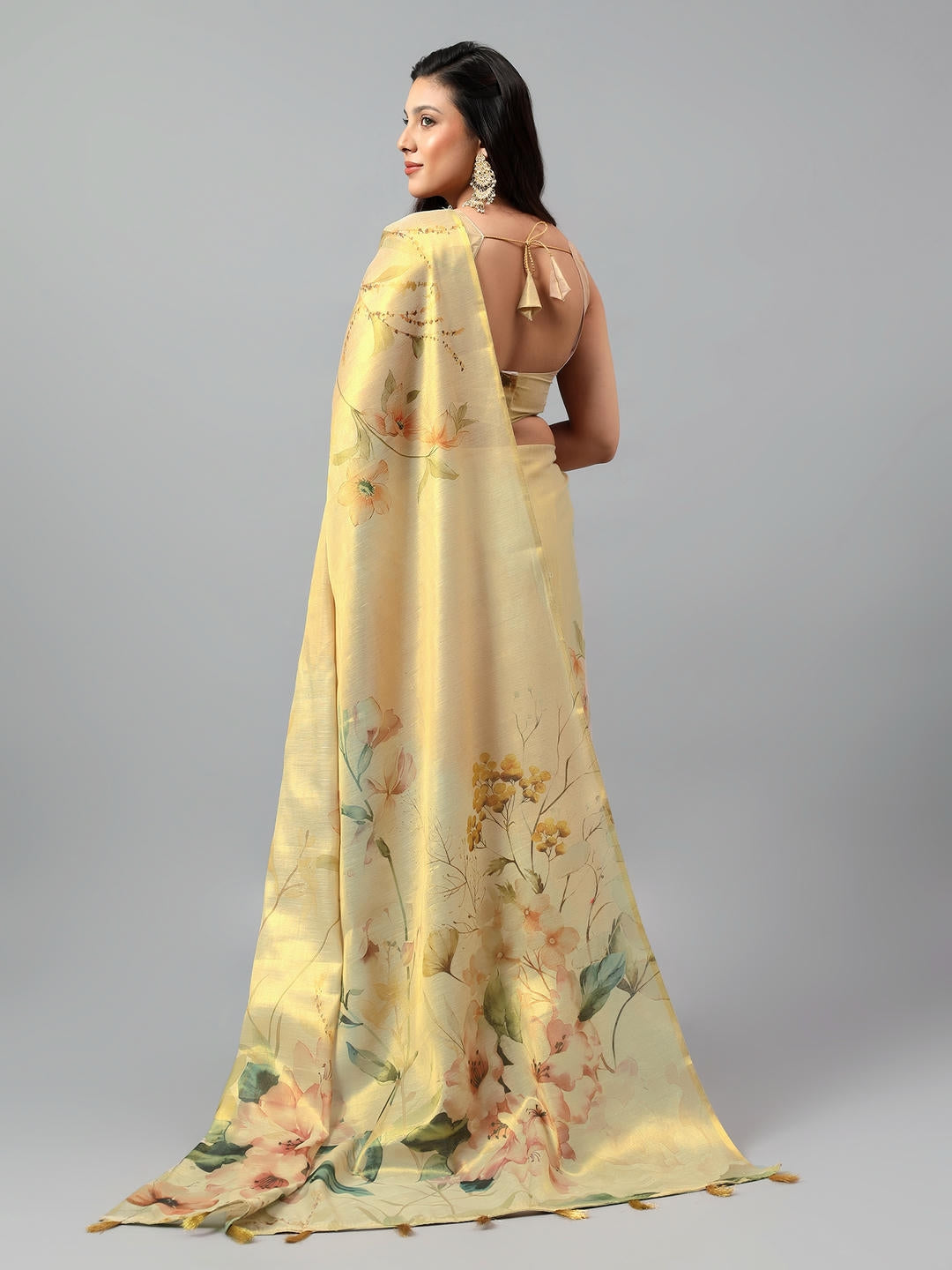 Samantha Beige Green Floral Printed Ready To Wear One Minute Polyester Erode Zari Saree With Pre Stitched Pleats And Unstitched Blouse Piece For Women Party Wear