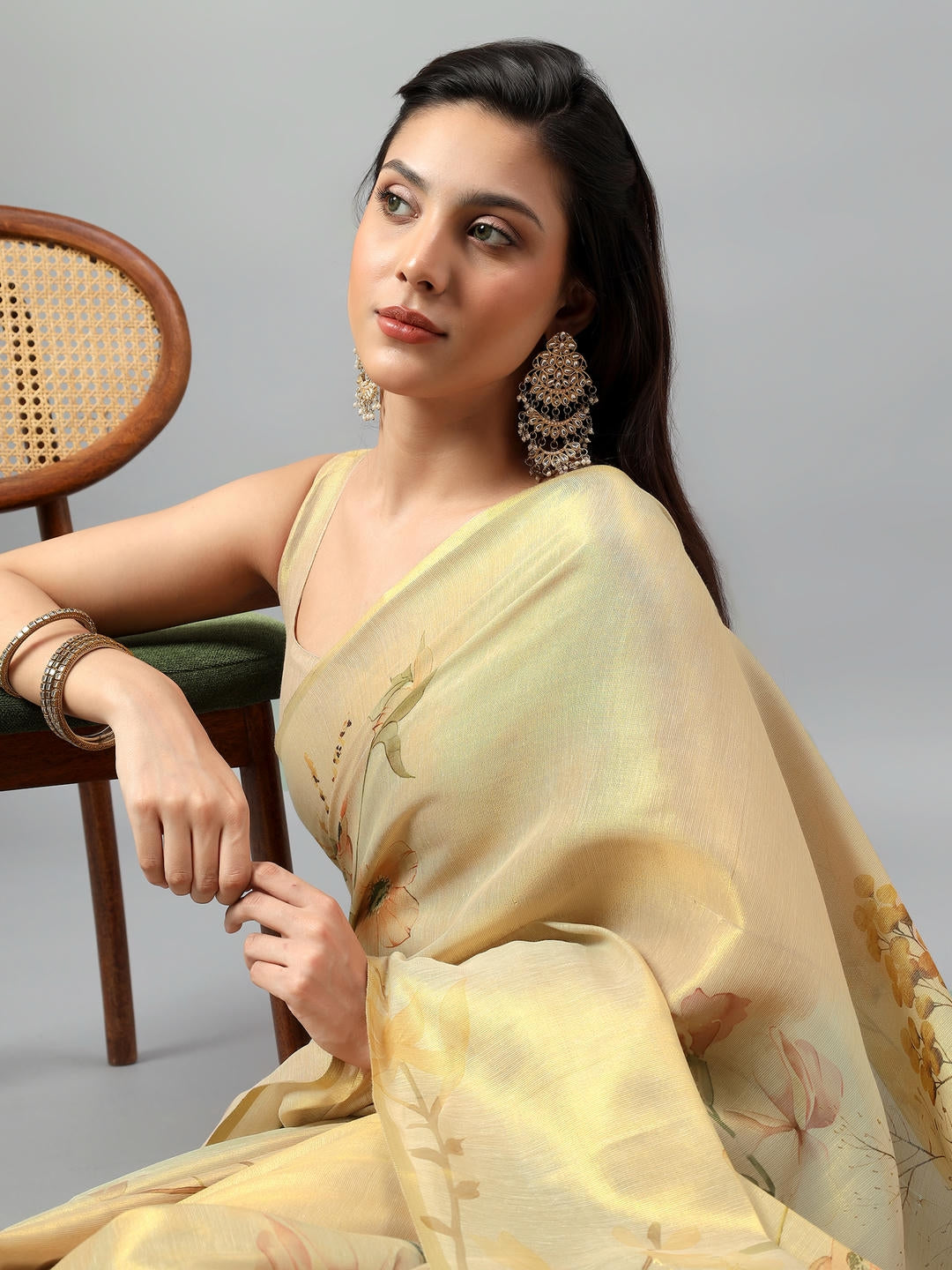 Samantha Beige Green Floral Printed Ready To Wear One Minute Polyester Erode Zari Saree With Pre Stitched Pleats And Unstitched Blouse Piece For Women Party Wear