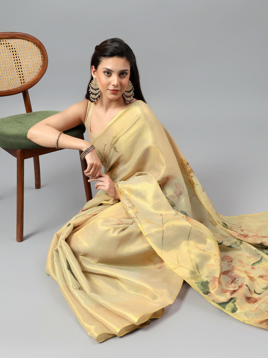 Samantha Beige Green Floral Printed Ready To Wear One Minute Polyester Erode Zari Saree With Pre Stitched Pleats And Unstitched Blouse Piece For Women Party Wear