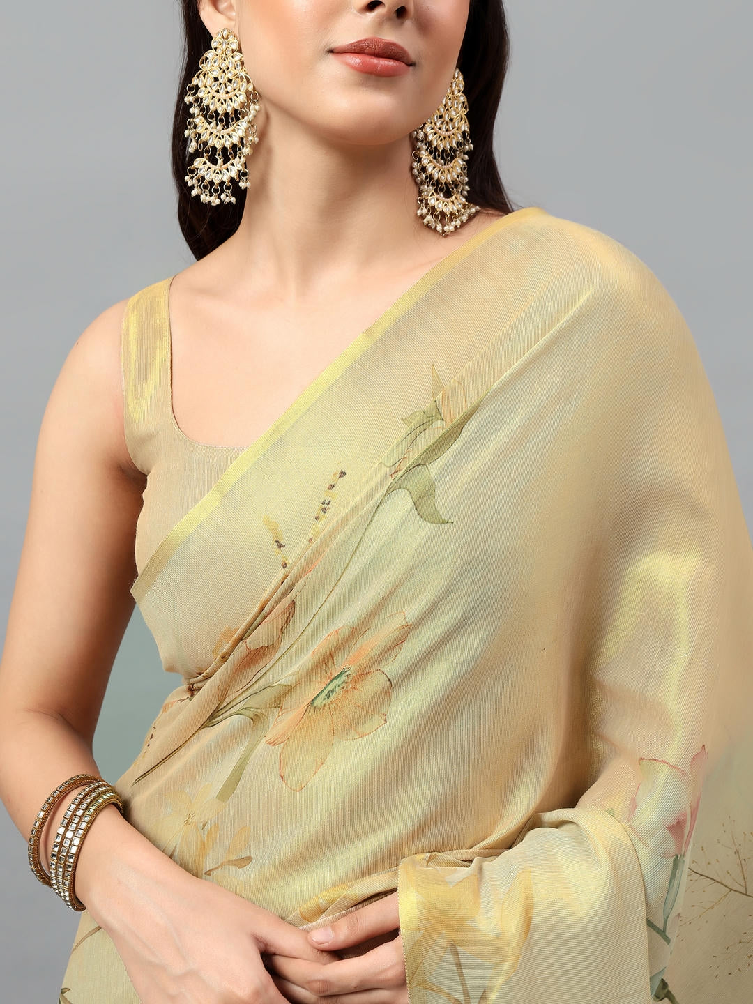 Samantha Beige Green Floral Printed Ready To Wear One Minute Polyester Erode Zari Saree With Pre Stitched Pleats And Unstitched Blouse Piece For Women Party Wear
