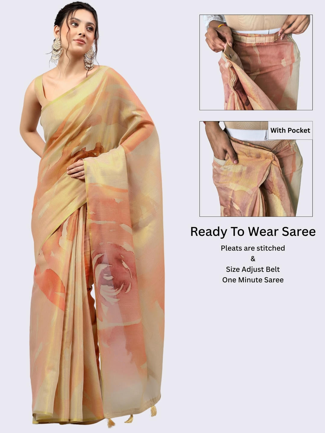 Beautiful woman styled in a shimmering metallic gold floral printed ready-to-wear one-minute polyester erode zari saree featuring pre-stitched pleats and a matching solid blouse by Samantha.