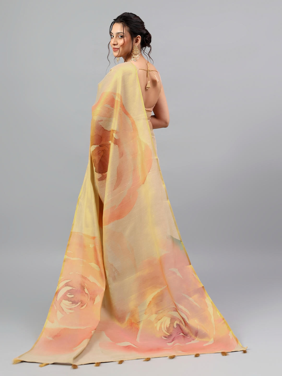 Samantha Gold Floral Printed Ready To Wear One Minute Polyester Erode Zari Saree With Pre Stitched Pleats And Unstitched Blouse Piece For Women Party Wear