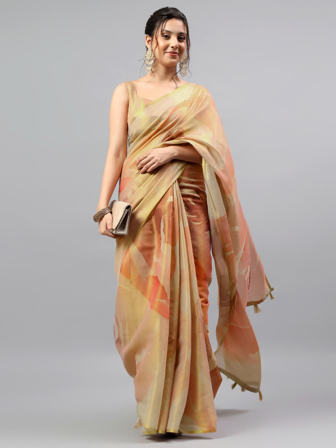 Samantha Gold Floral Printed Ready To Wear One Minute Polyester Erode Zari Saree With Pre Stitched Pleats And Unstitched Blouse Piece For Women Party Wear