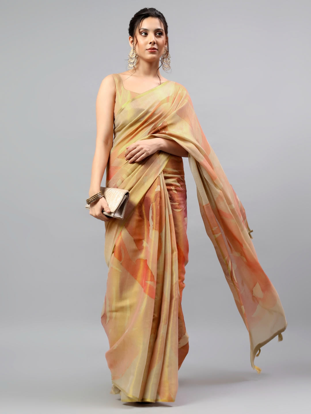 Samantha Gold Floral Printed Ready To Wear One Minute Polyester Erode Zari Saree With Pre Stitched Pleats And Unstitched Blouse Piece For Women Party Wear