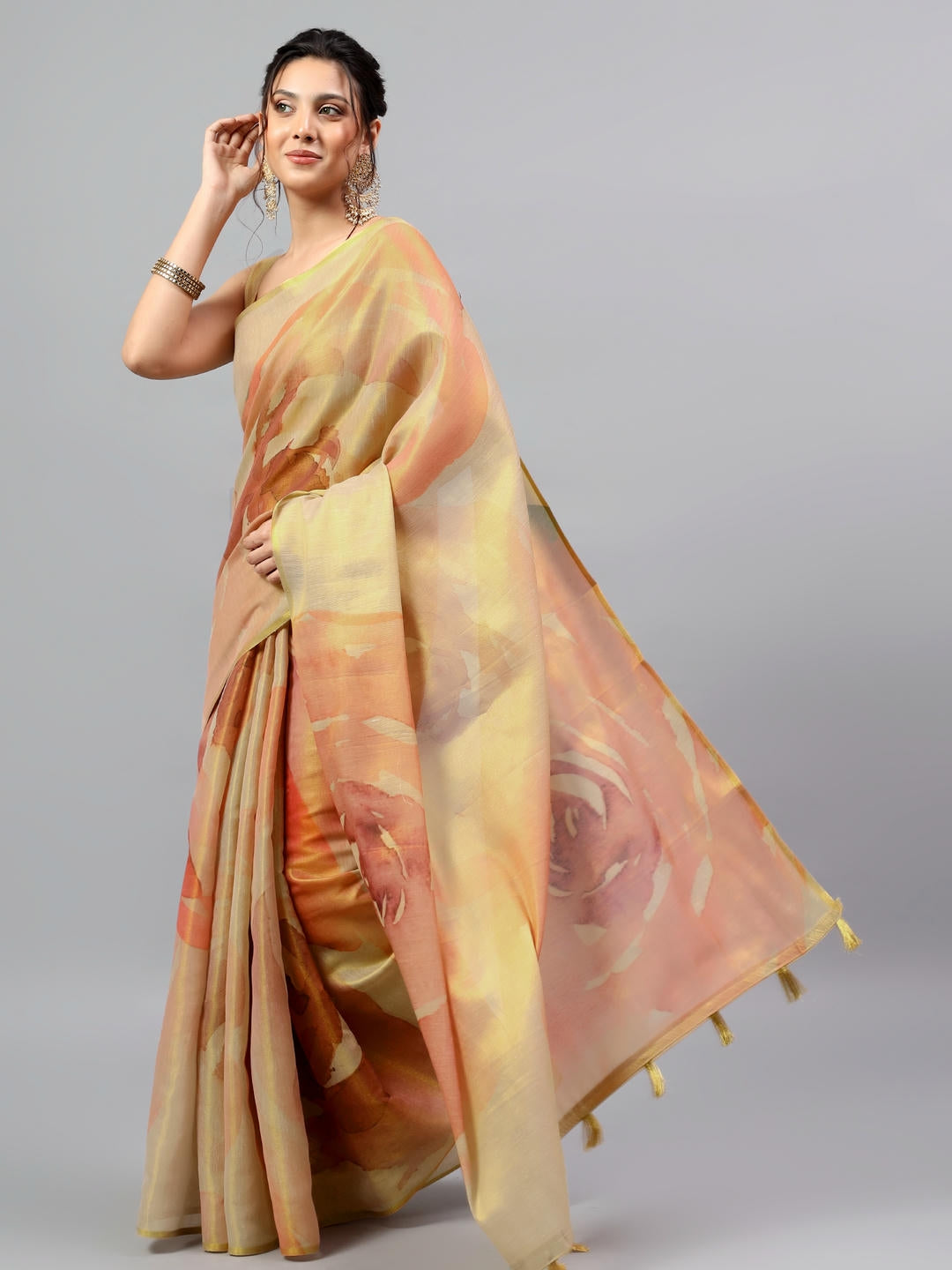Samantha Gold Floral Printed Ready To Wear One Minute Polyester Erode Zari Saree With Pre Stitched Pleats And Unstitched Blouse Piece For Women Party Wear