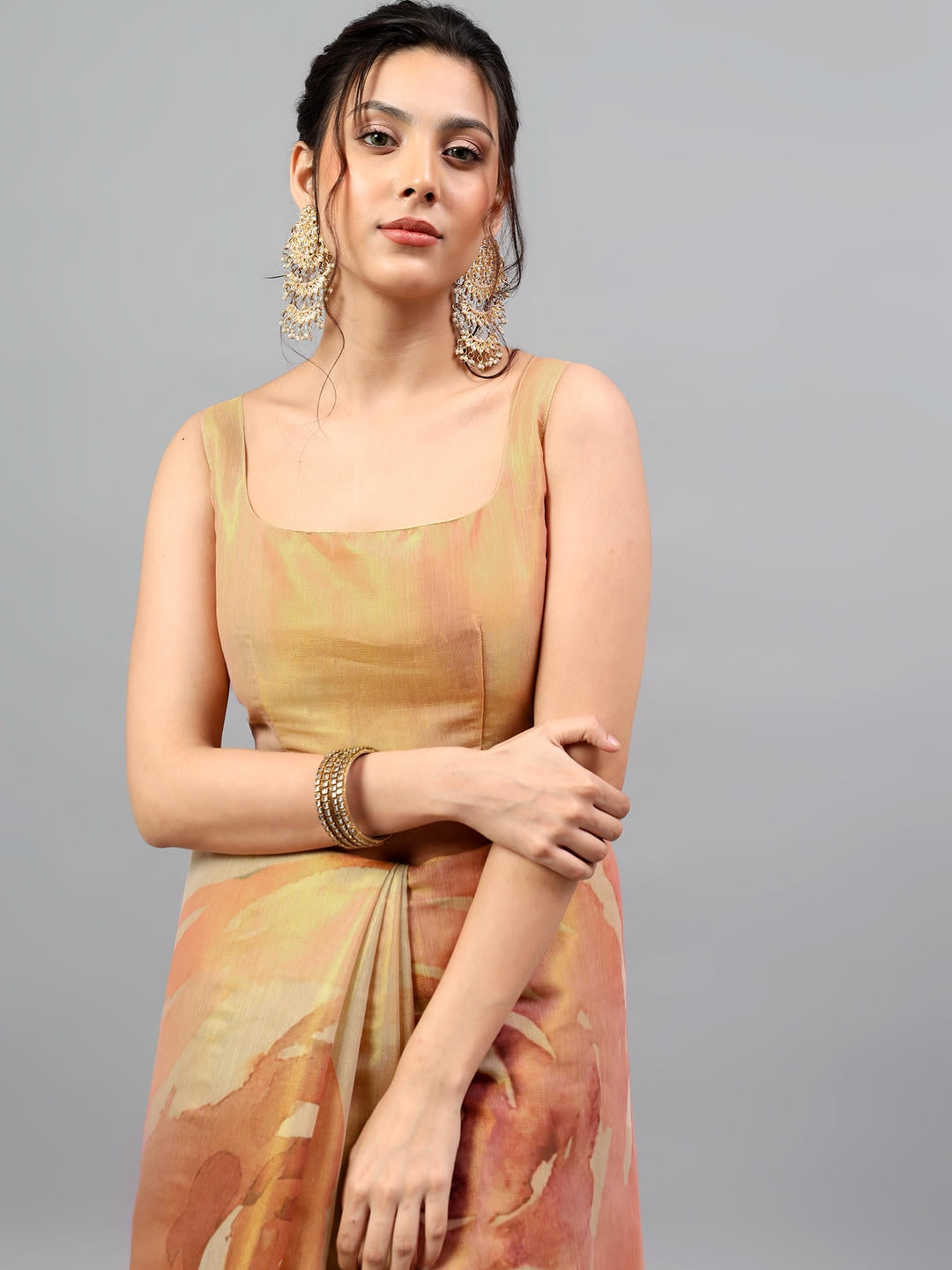 Samantha Gold Floral Printed Ready To Wear One Minute Polyester Erode Zari Saree With Pre Stitched Pleats And Unstitched Blouse Piece For Women Party Wear