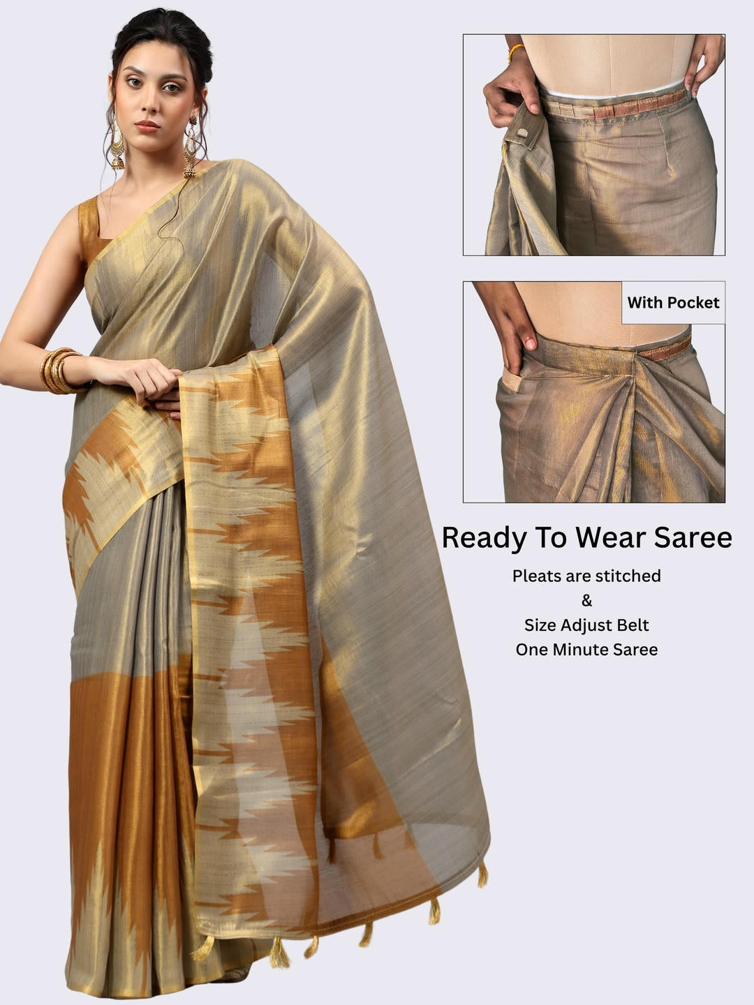 Beautiful woman styled in a shimmering metallic grey and orange contrast ready-to-wear one-minute polyester erode zari saree featuring pre-stitched pleats and a matching solid orange blouse by Samantha.