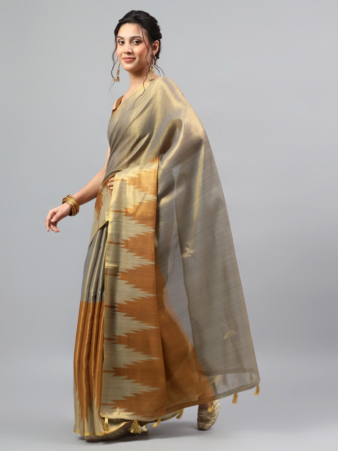 Samantha Grey And Metallic Orange Contrast Ready To Wear One Minute Polyester Erode Zari Saree With Pre Stitched Pleats, Pocket And Unstitched Blouse Piece For Women Party Wear