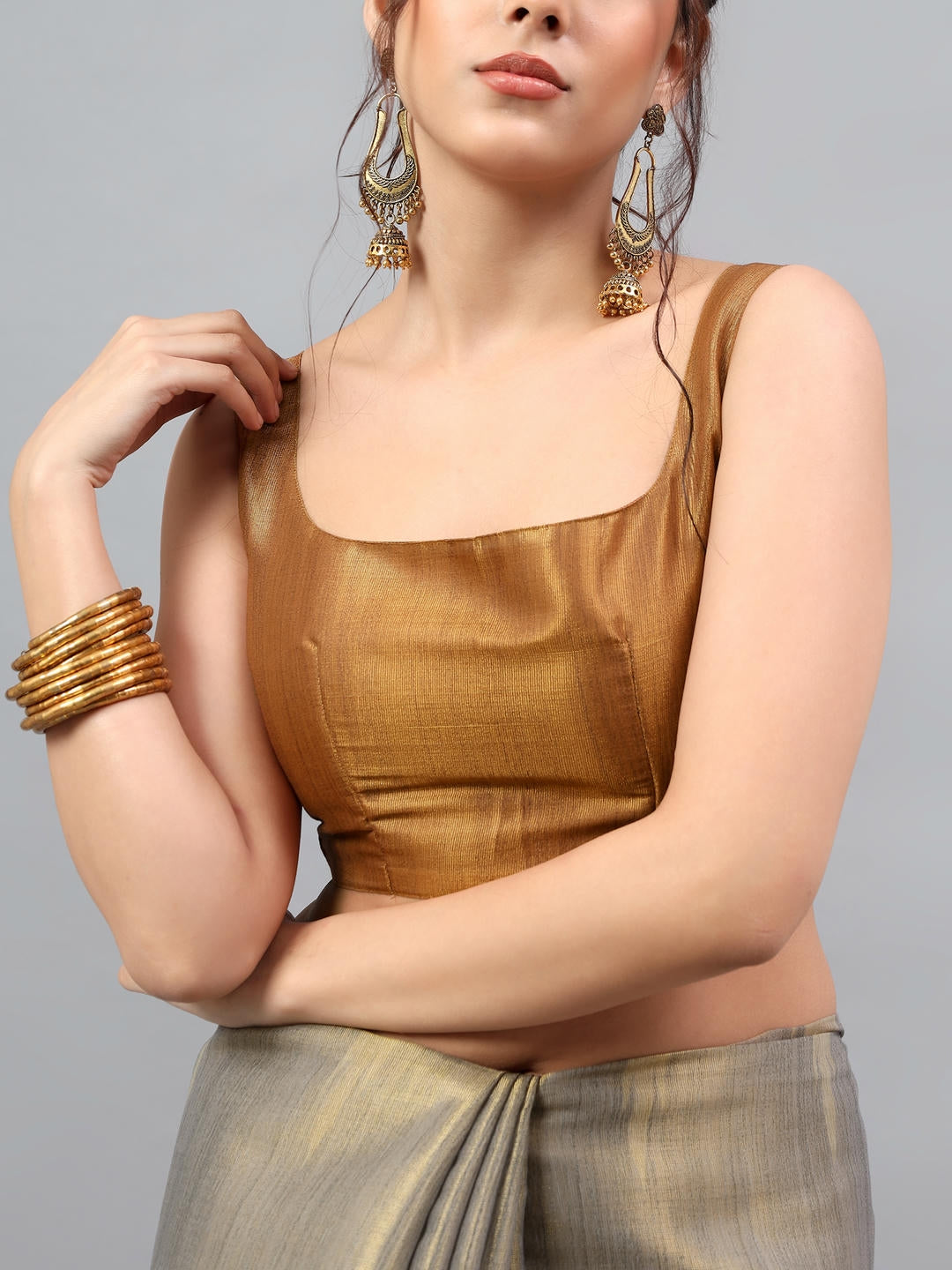 Samantha Grey And Metallic Orange Contrast Ready To Wear One Minute Polyester Erode Zari Saree With Pre Stitched Pleats, Pocket And Unstitched Blouse Piece For Women Party Wear