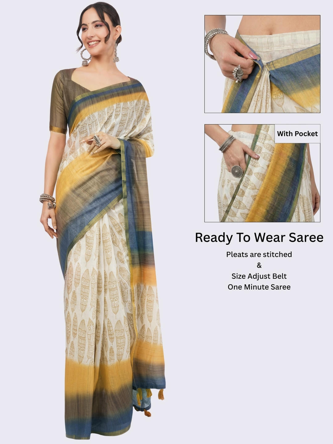 Beautiful woman styled in an off-white ready-to-wear one-minute linen saree featuring pre-stitched pleats, a heavy gold zari border, and a matching off-white blouse by Samantha.
