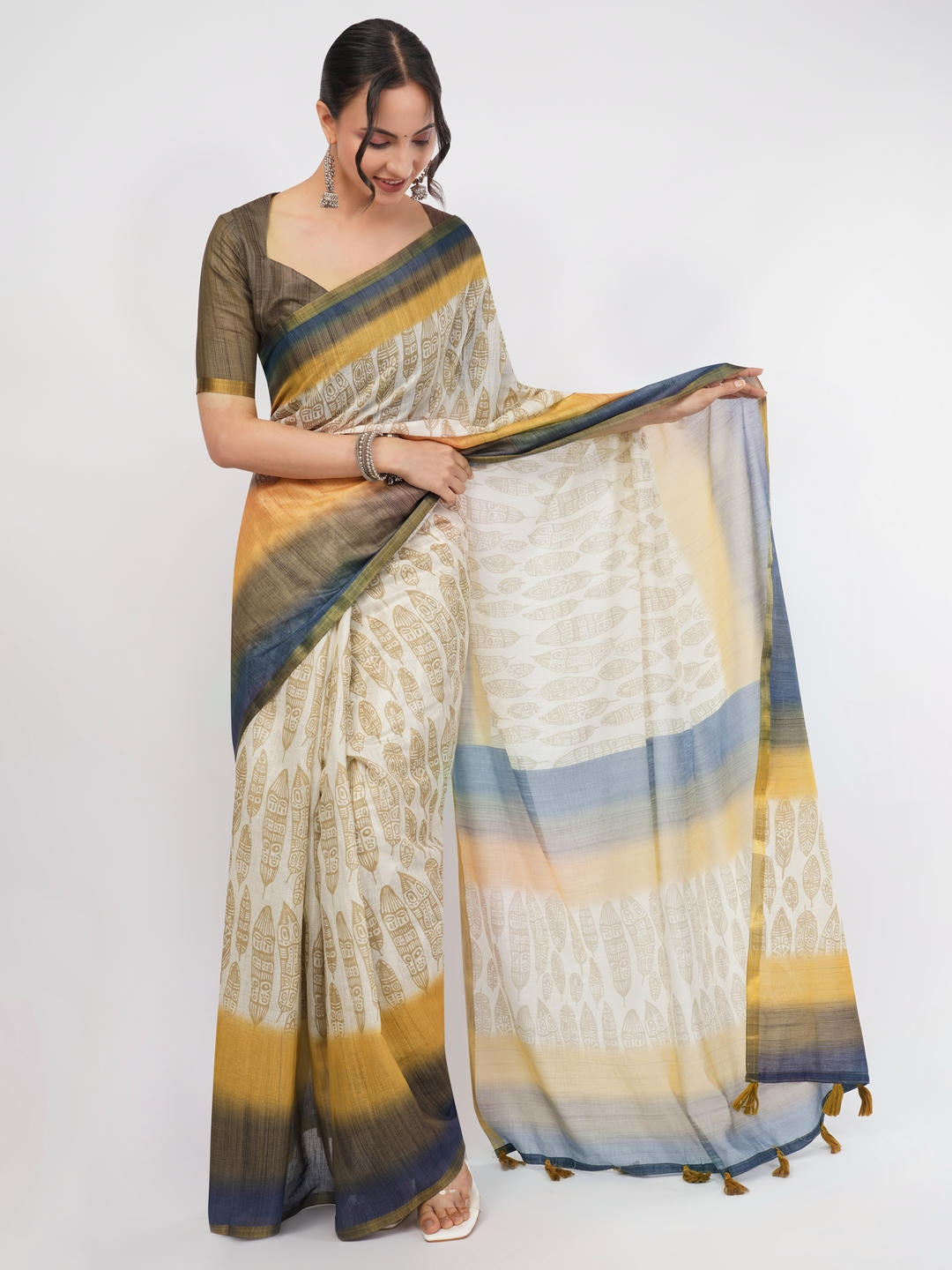 Samantha Off White Ready To Wear One Minute Linen Fabric Saree With Pre Stitched Pleats And Unstitched Blouse Piece Featuring Gold Zari Border For Women Ethnic Wear
