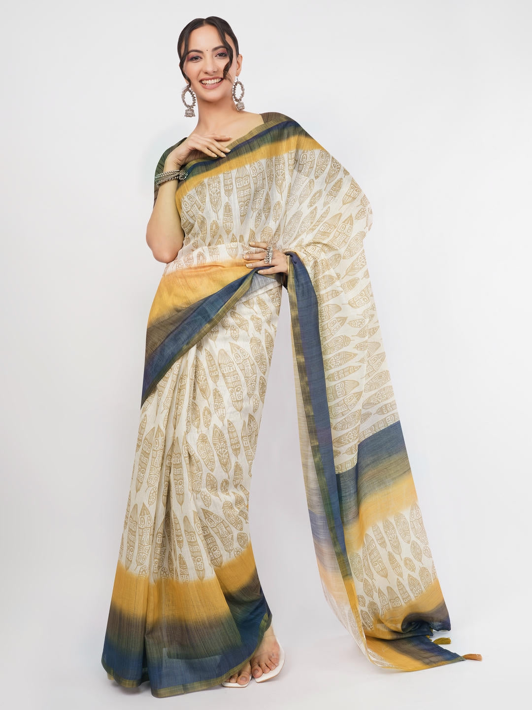 Samantha Off White Ready To Wear One Minute Linen Fabric Saree With Pre Stitched Pleats And Unstitched Blouse Piece Featuring Gold Zari Border For Women Ethnic Wear
