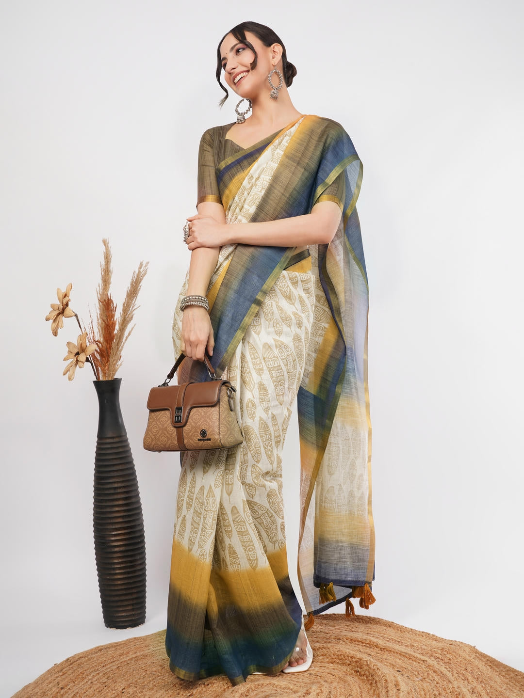 Samantha Off White Ready To Wear One Minute Linen Fabric Saree With Pre Stitched Pleats And Unstitched Blouse Piece Featuring Gold Zari Border For Women Ethnic Wear