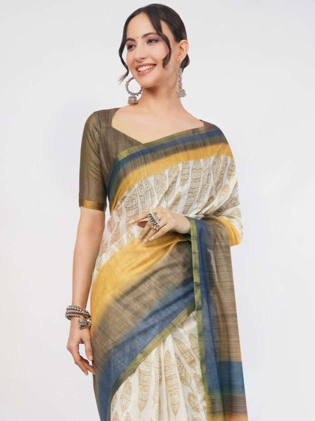 Samantha Off White Ready To Wear One Minute Linen Fabric Saree With Pre Stitched Pleats And Unstitched Blouse Piece Featuring Gold Zari Border For Women Ethnic Wear