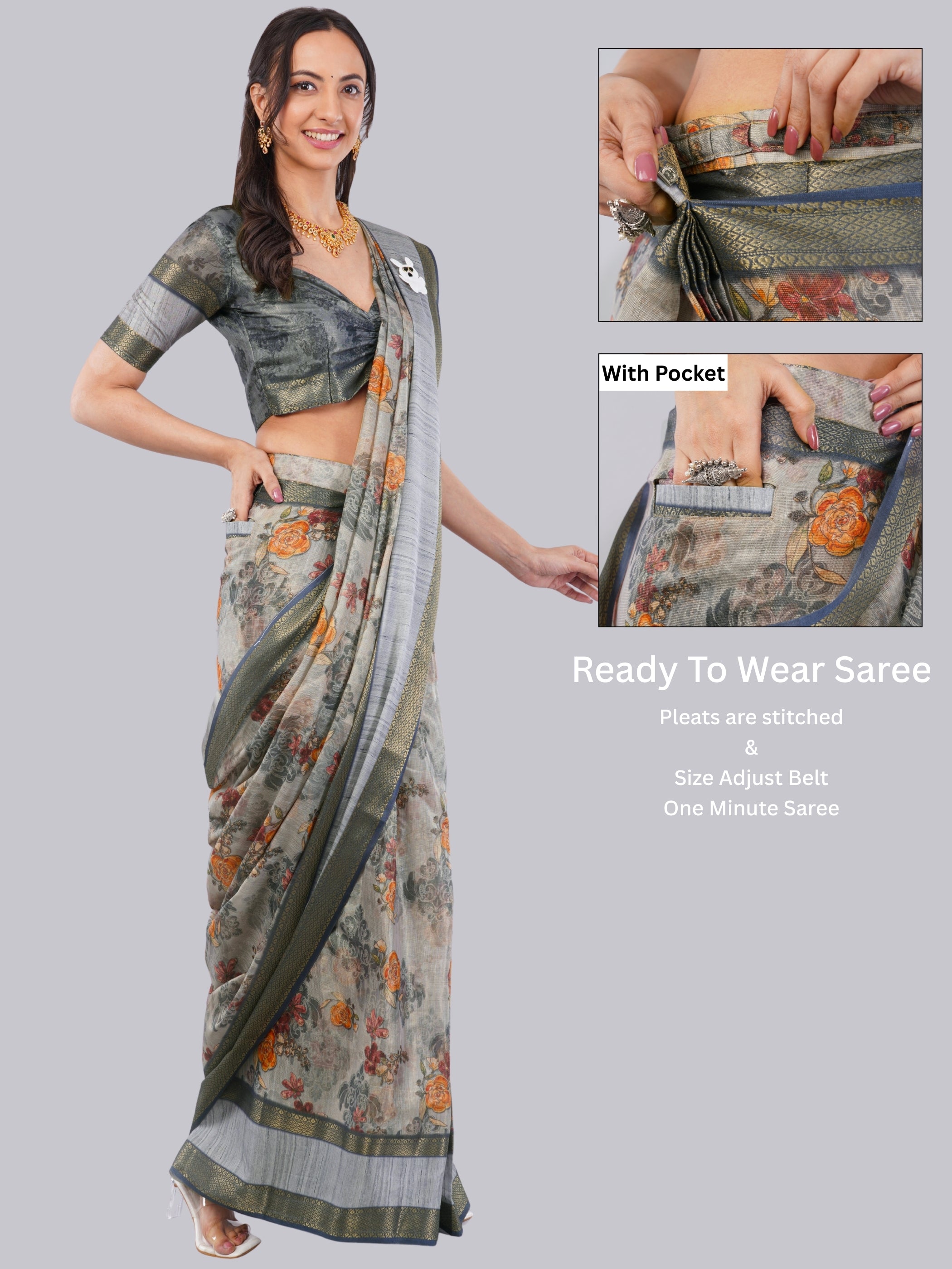 Silver Grey Floral Ready-to-Wear Saree with Pocket